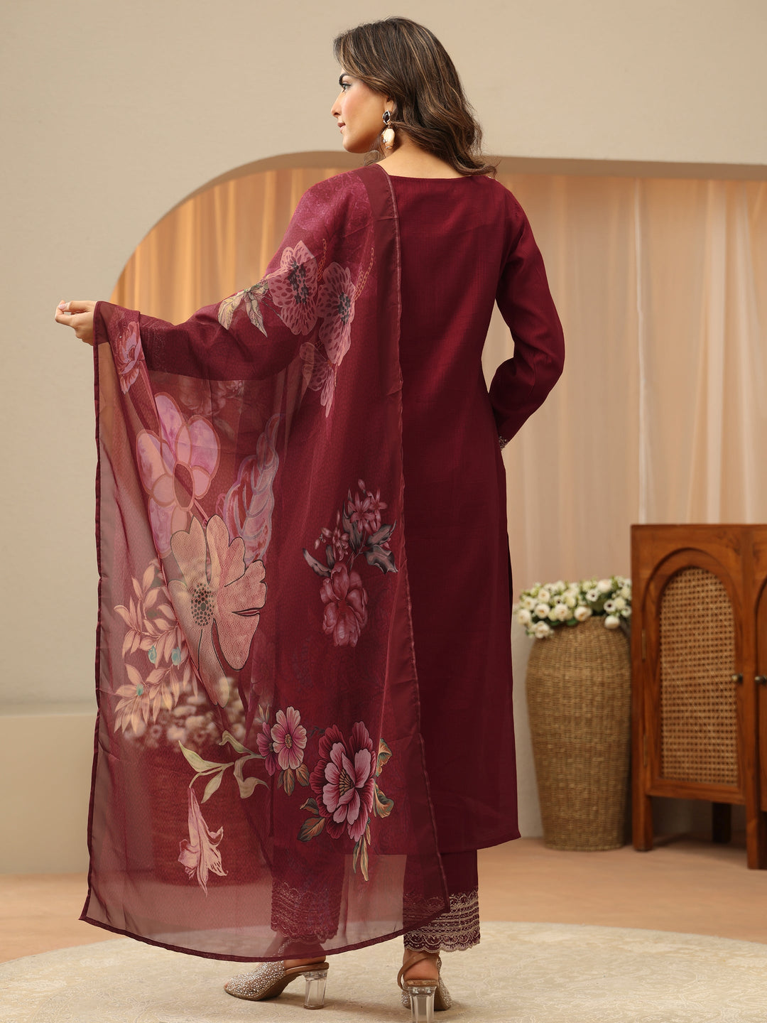  Cardinal Red Yoke Design Silk Blend Straight Suit Set 