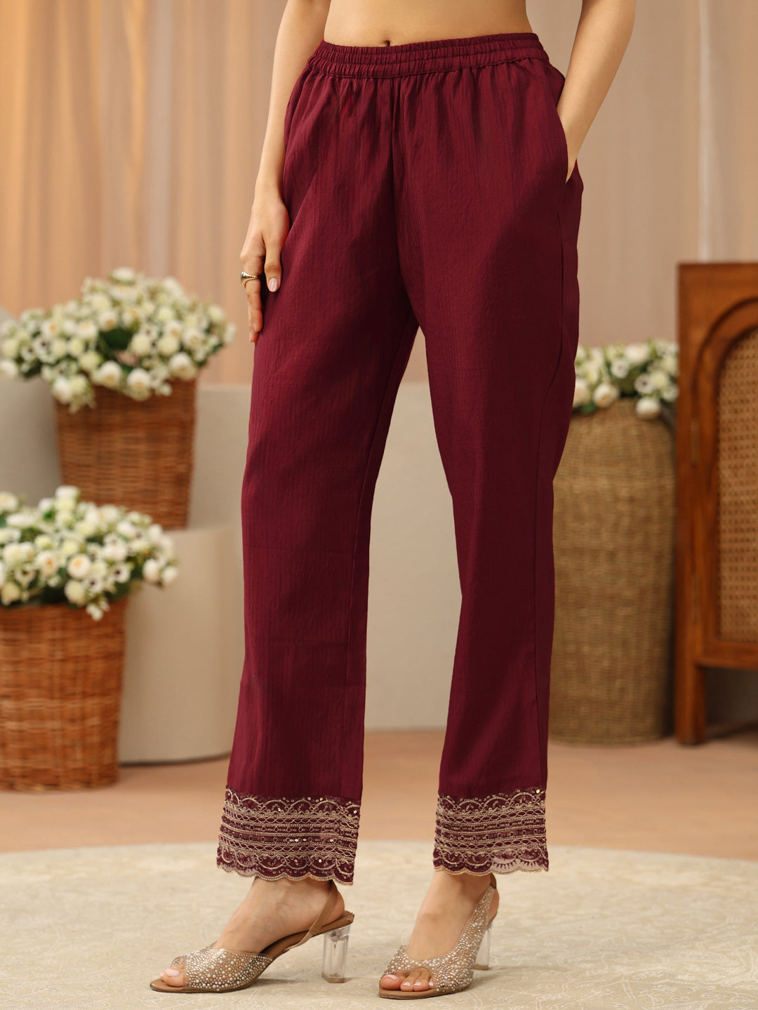  Cardinal Red Yoke Design Silk Blend Straight Suit Set 