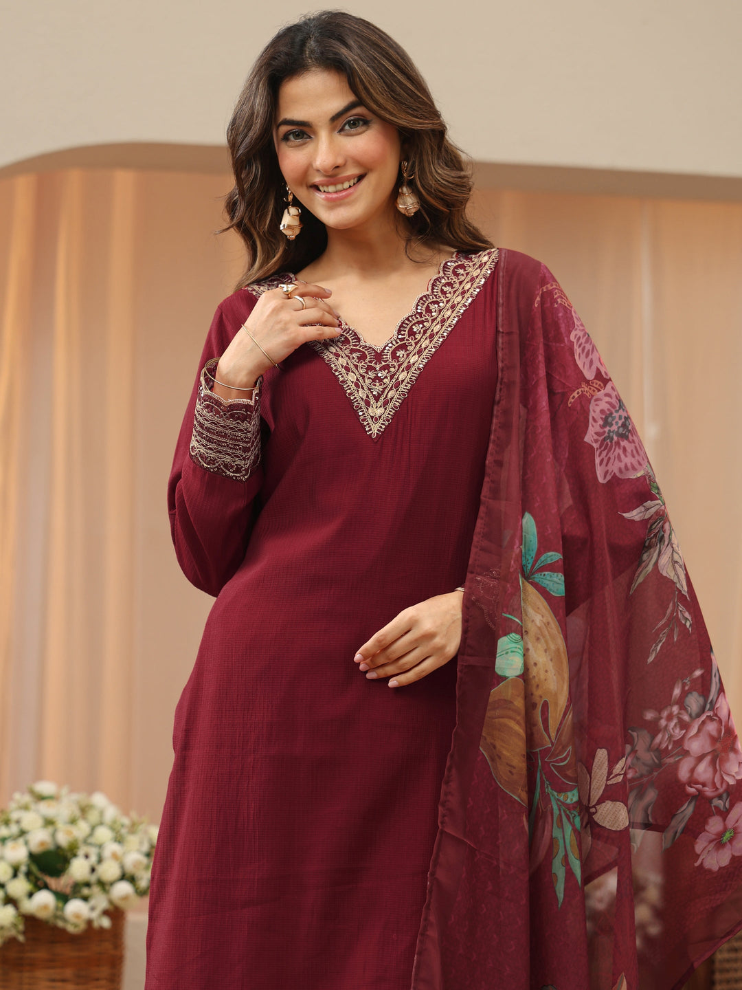  Cardinal Red Yoke Design Silk Blend Straight Suit Set 