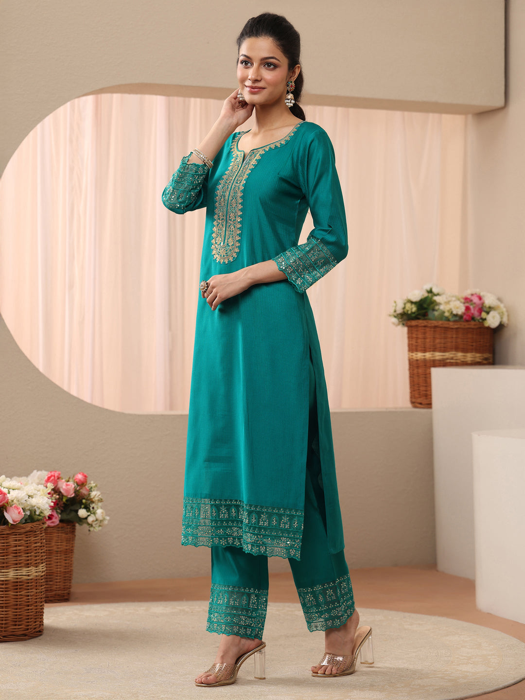  Turquoise Blue Embellished Silk Blend Straight Suit Set 
