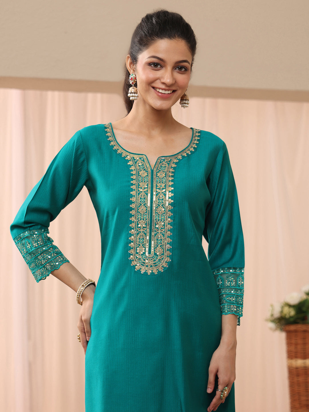  Turquoise Blue Embellished Silk Blend Straight Suit Set 