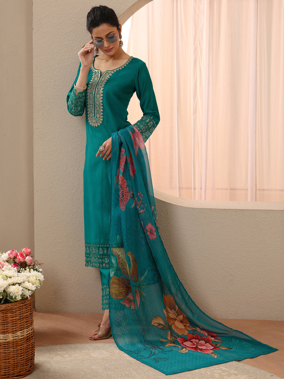  Turquoise Blue Embellished Silk Blend Straight Suit Set 