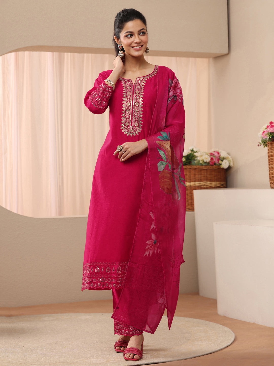  Red Embellished Silk Blend Straight Suit Set 