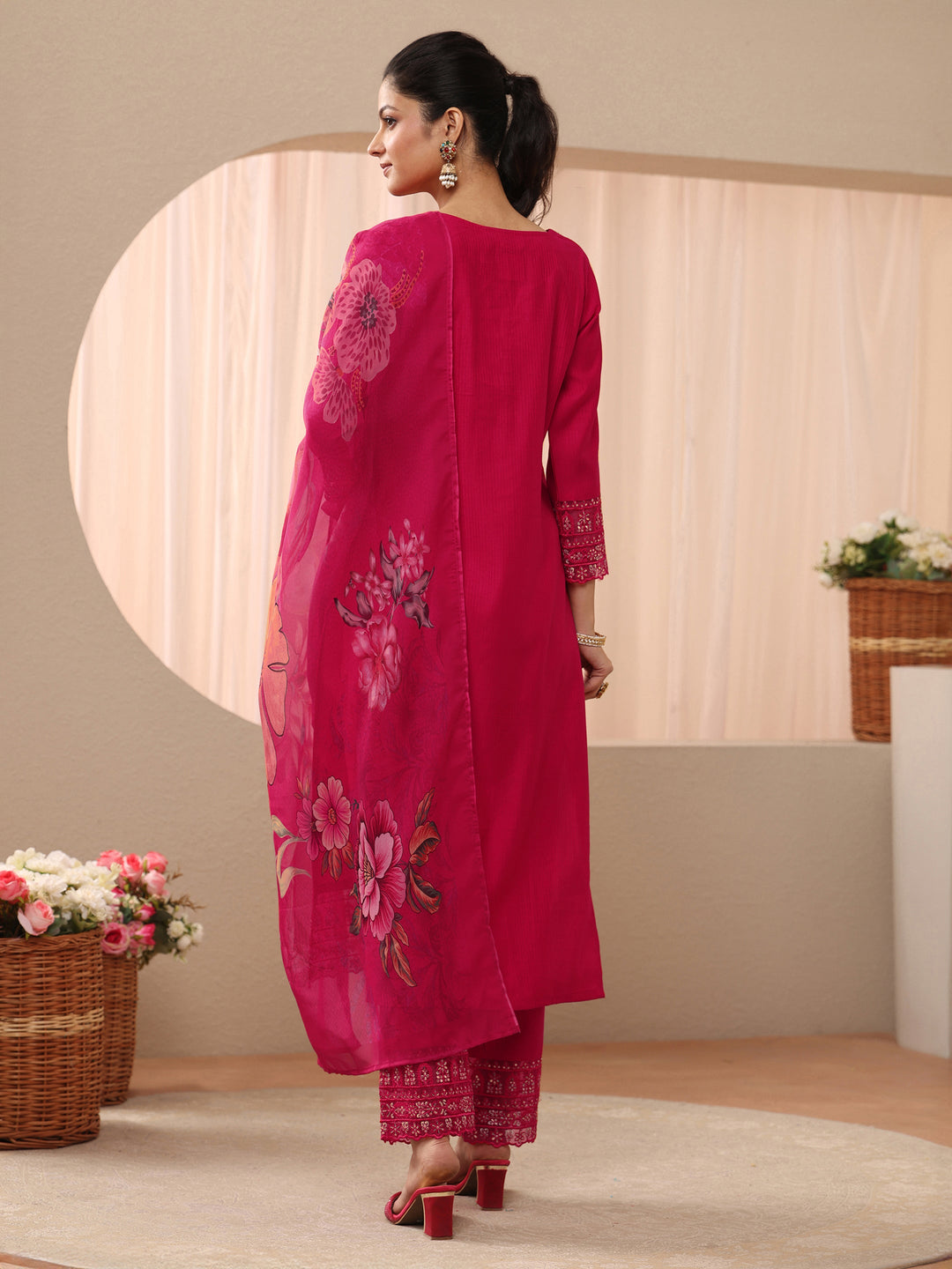  Red Embellished Silk Blend Straight Suit Set 
