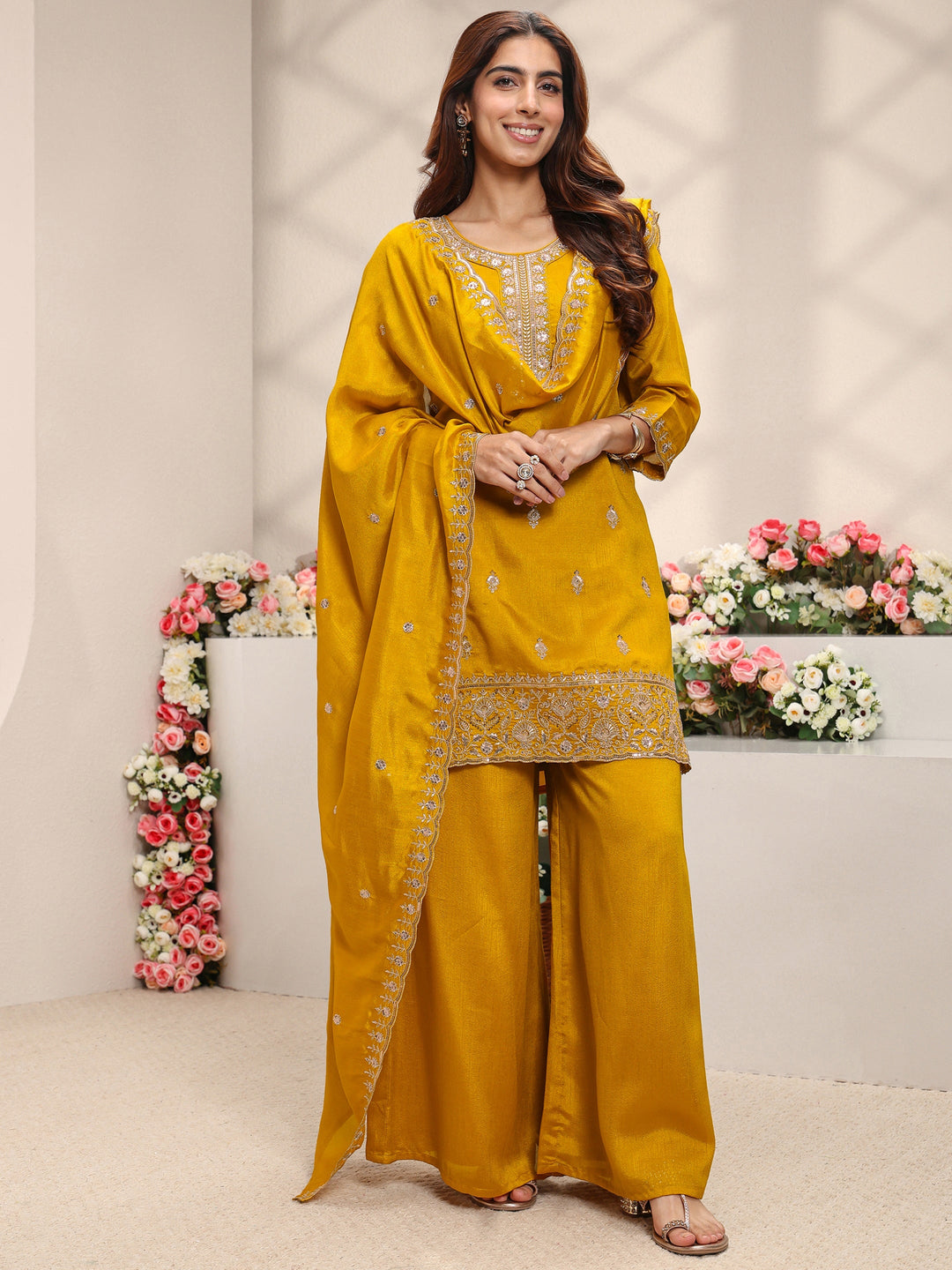  Mustard Floral Embroidered Silk Blend Straight Suit Set With Dupatta 