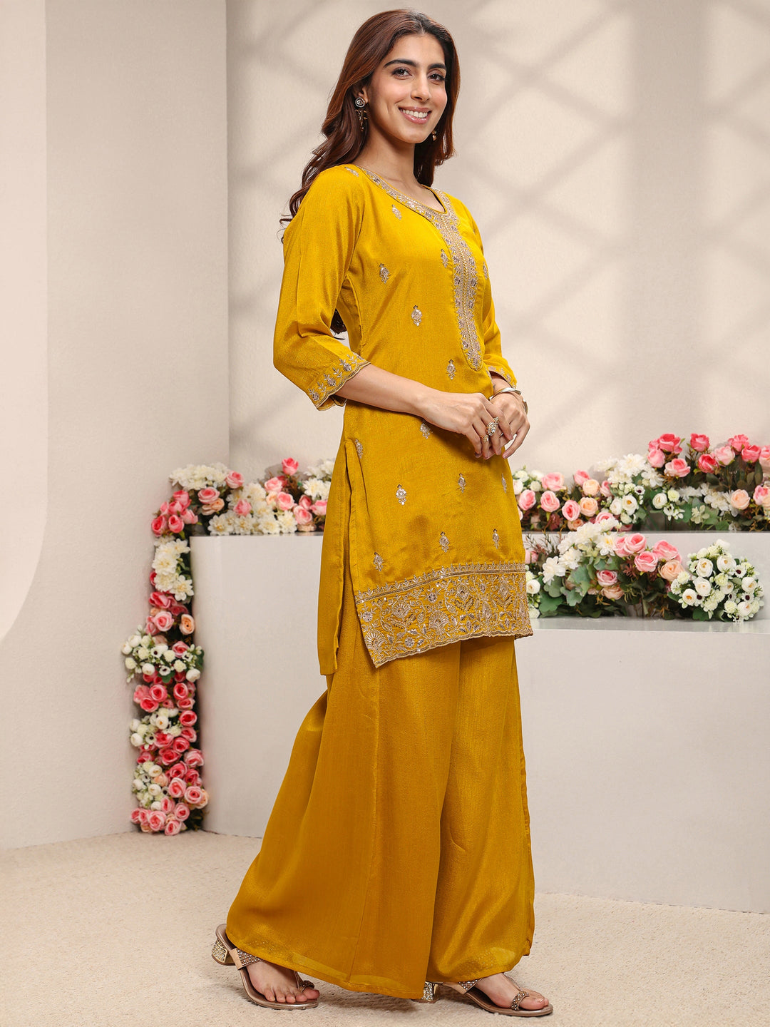  Mustard Floral Embroidered Silk Blend Straight Suit Set With Dupatta 