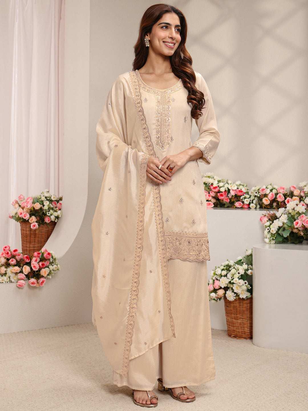 Ivory Floral Embroidered Silk Blend Straight Suit Set With Dupatta 