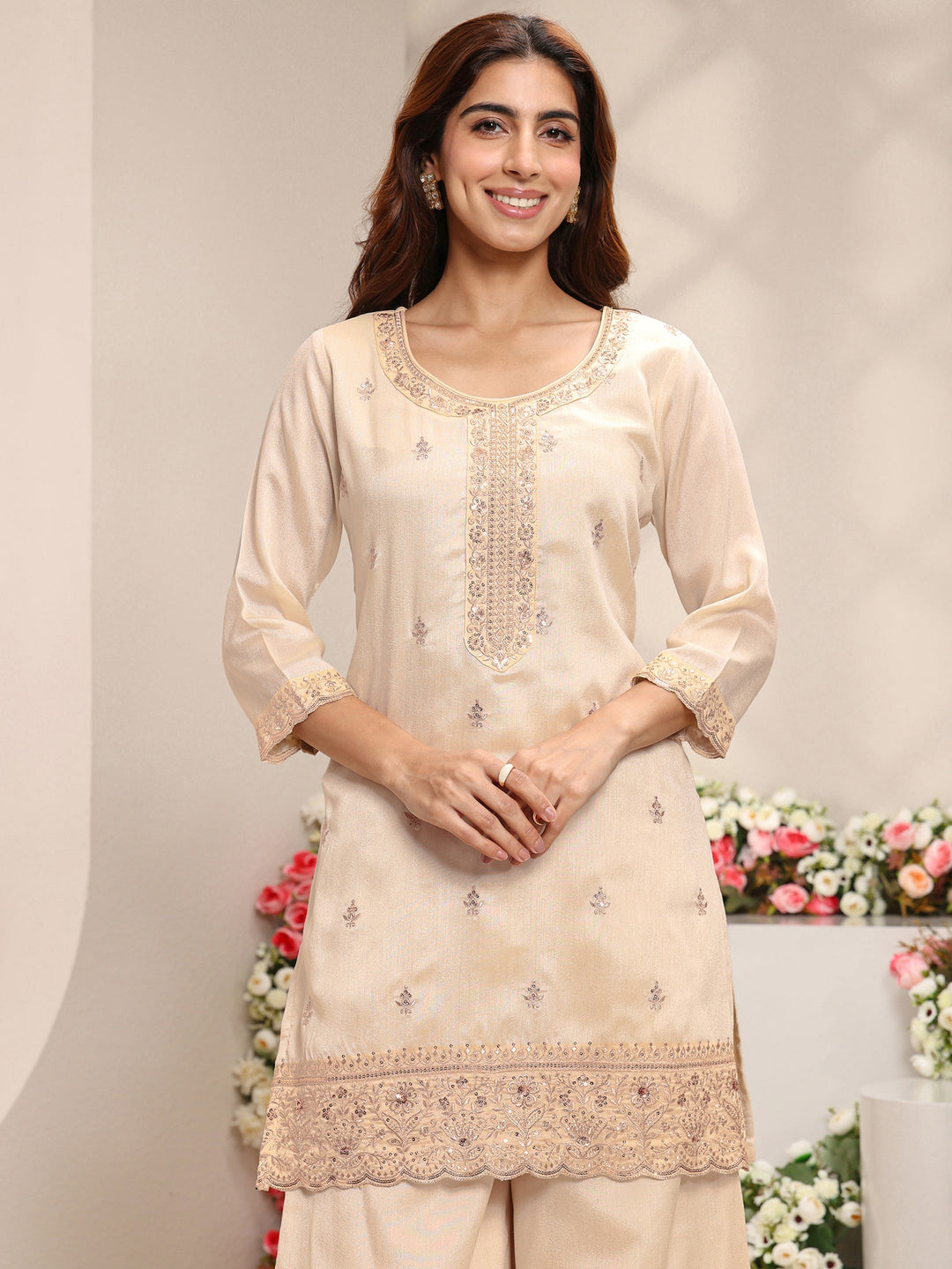  Ivory Floral Embroidered Silk Blend Straight Suit Set With Dupatta 