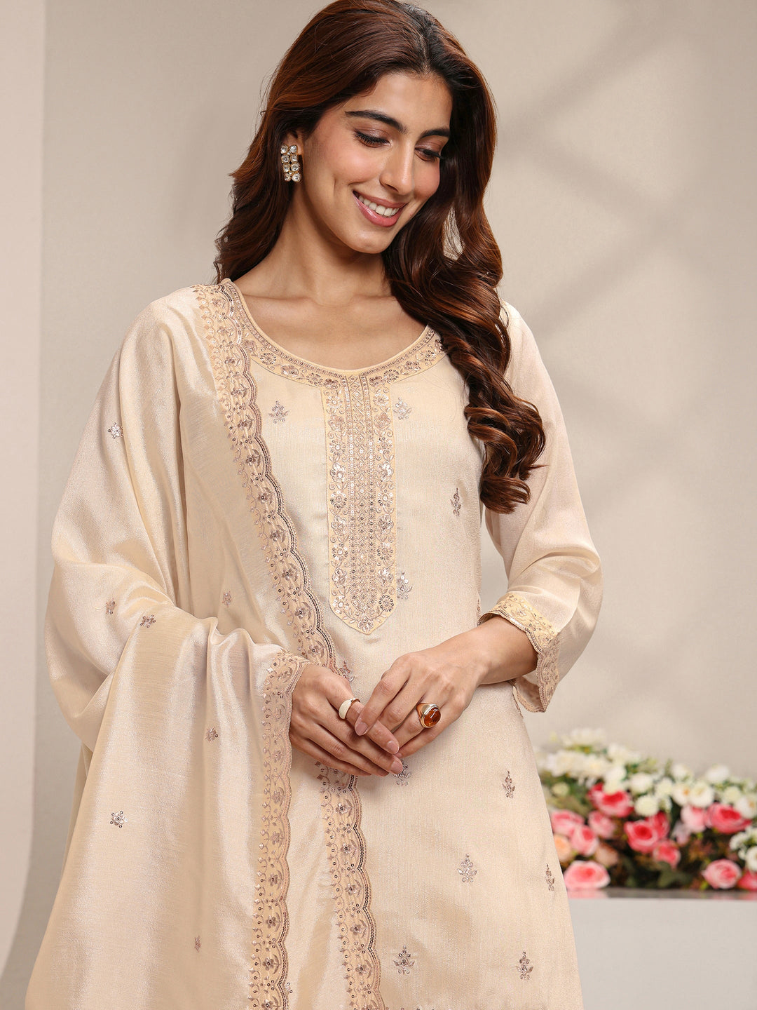  Ivory Floral Embroidered Silk Blend Straight Suit Set With Dupatta 