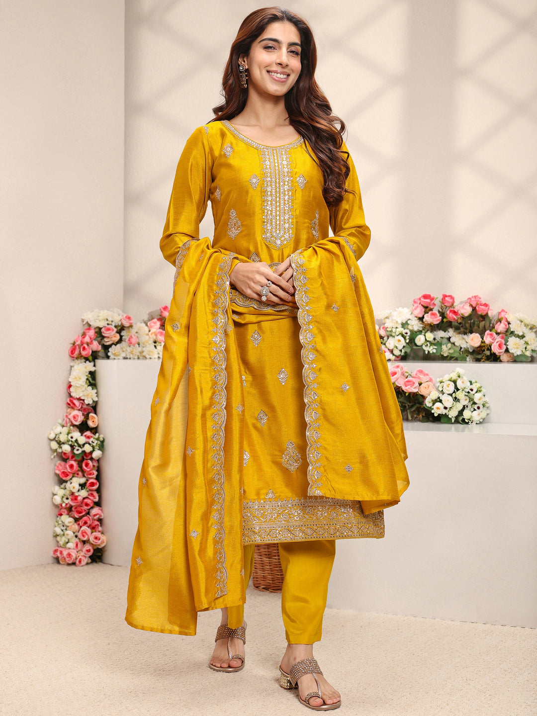  Mustard Embroidered Silk Blend Straight Suit Set With Dupatta 