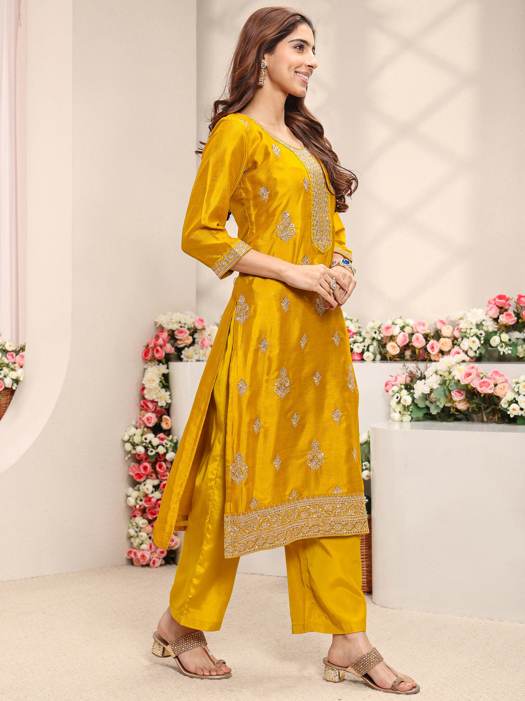  Mustard Embroidered Silk Blend Straight Suit Set With Dupatta 