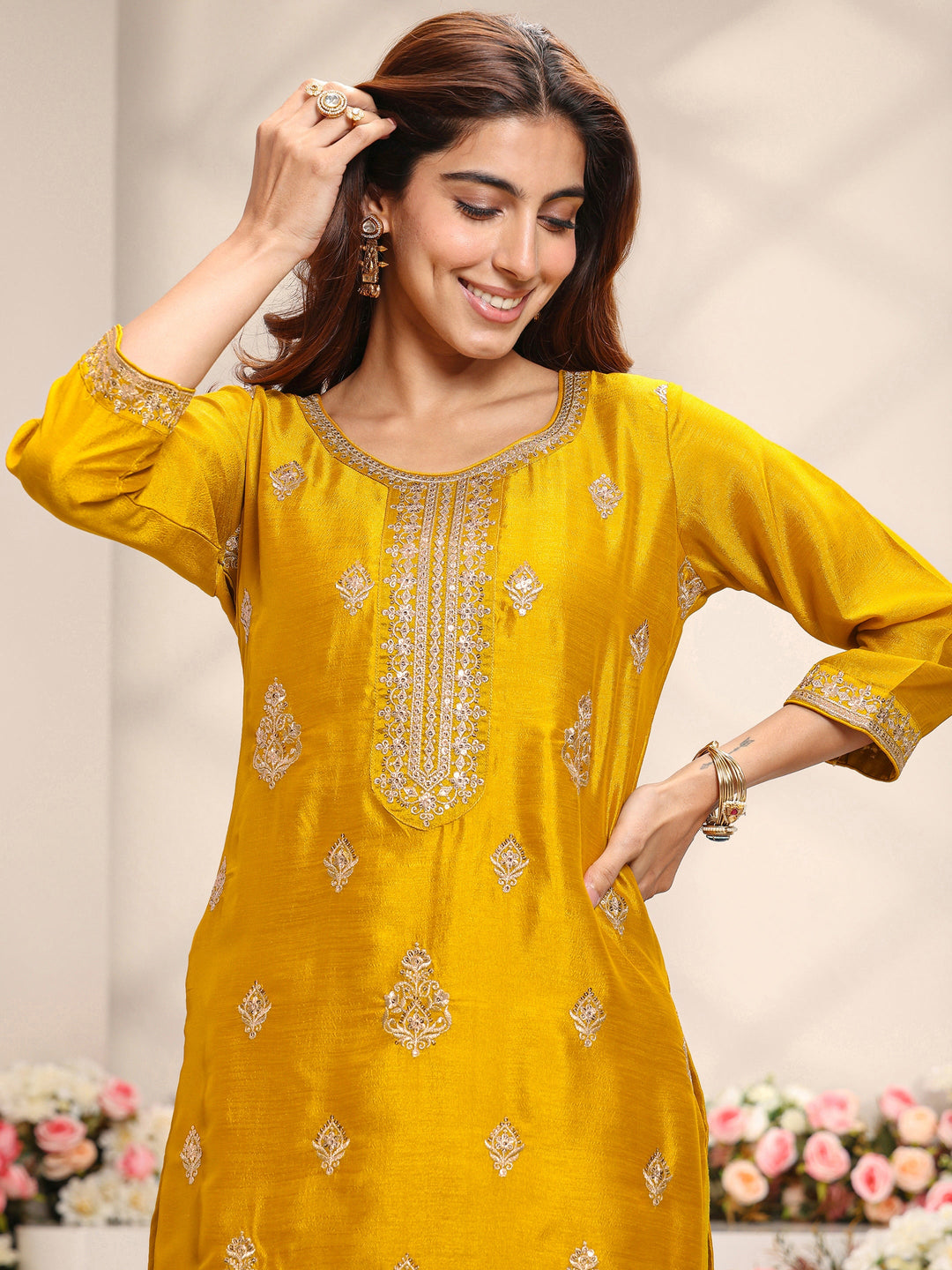  Mustard Embroidered Silk Blend Straight Suit Set With Dupatta 