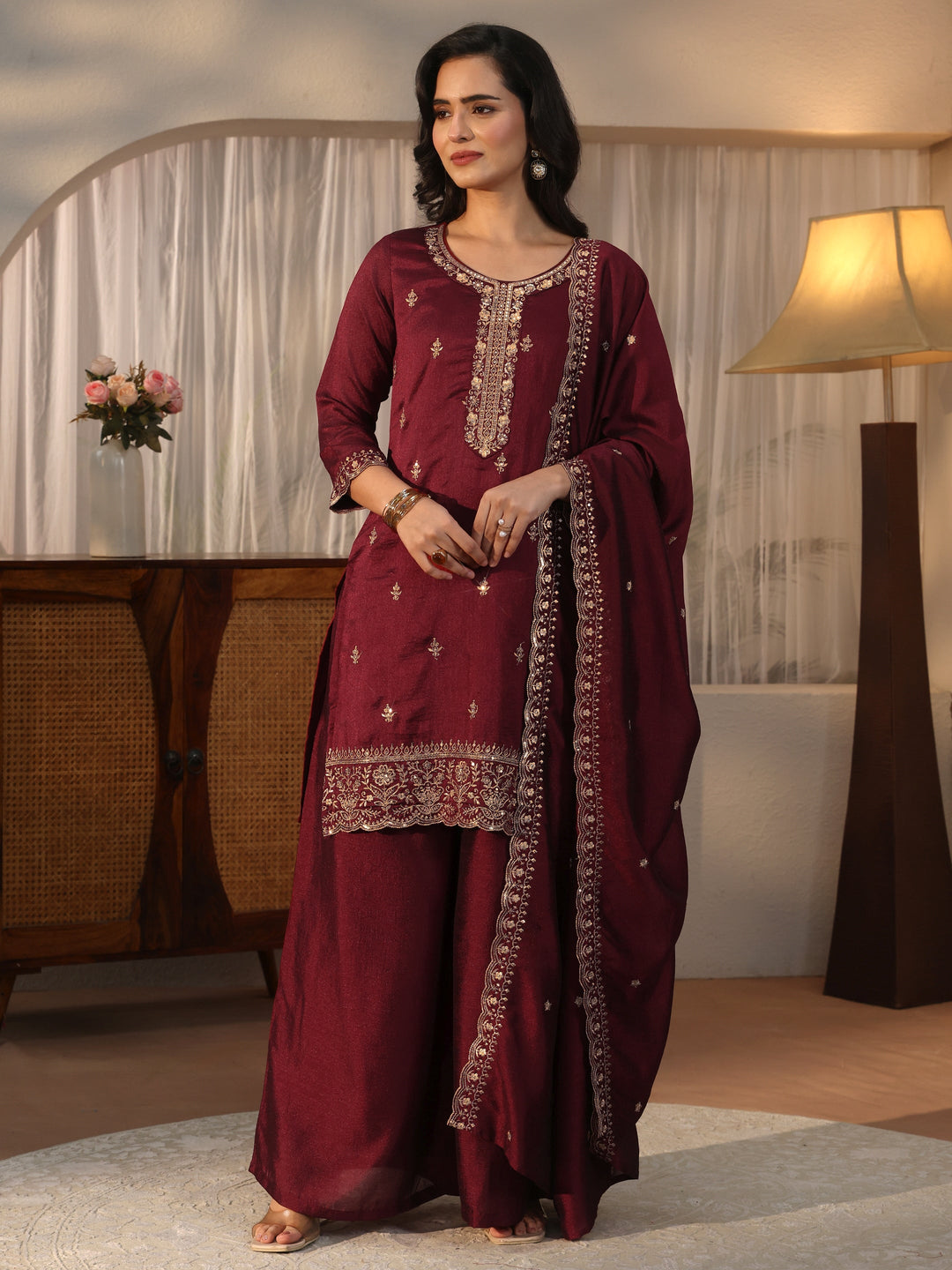  Libas Maroon Floral Embroidered Silk Blend Palazzo Suit Set 