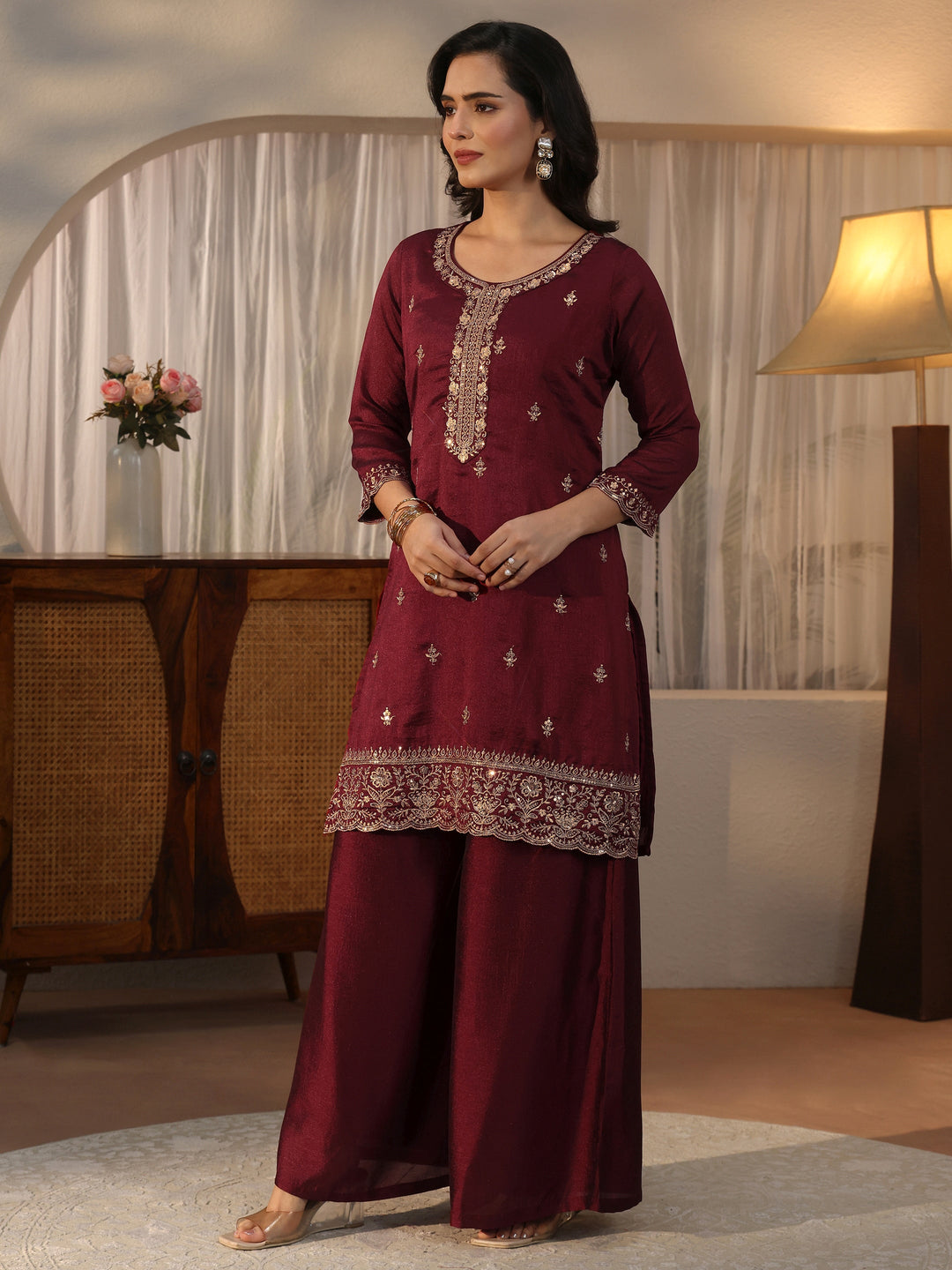  Libas Maroon Floral Embroidered Silk Blend Palazzo Suit Set 