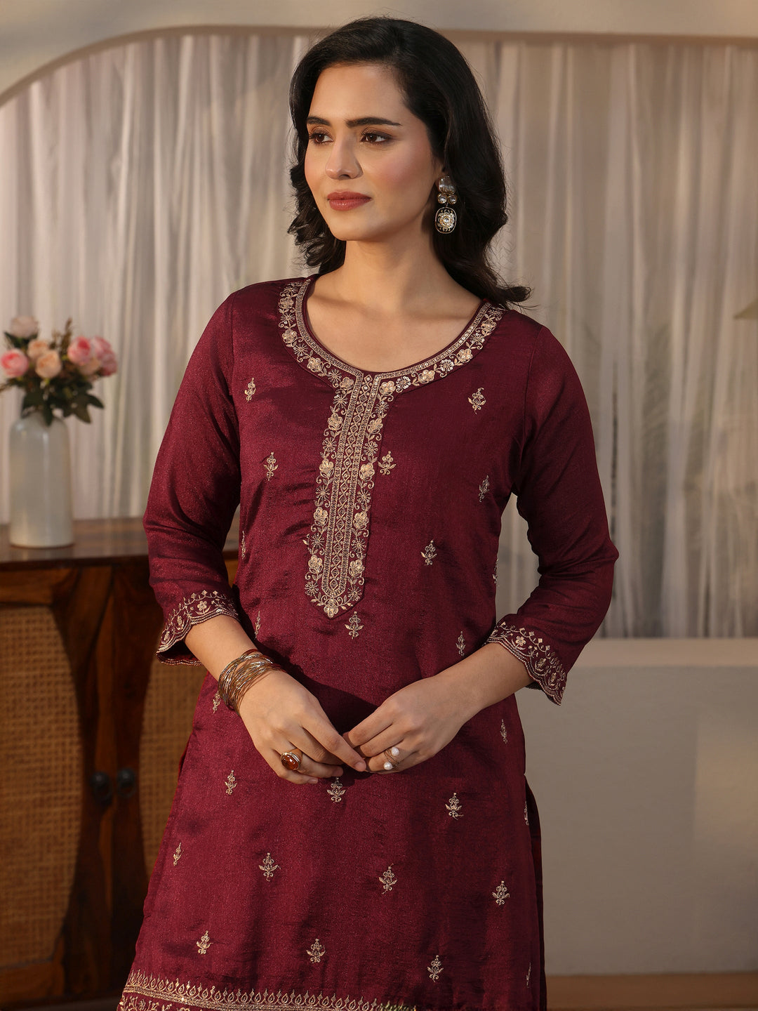  Libas Maroon Floral Embroidered Silk Blend Palazzo Suit Set 