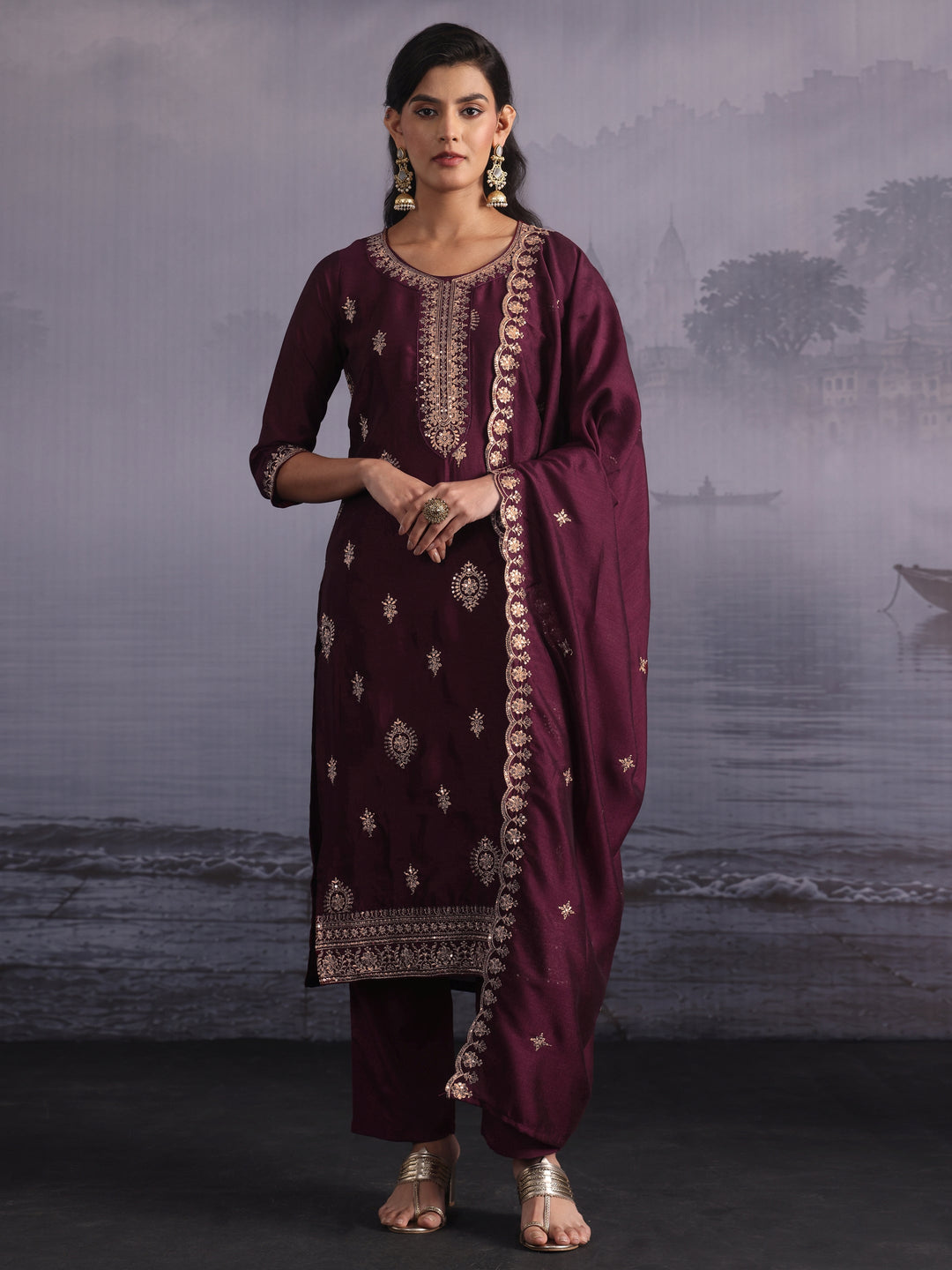  Libas Burgundy Ethnic Embroidered Silk Blend Straight Suit Set 