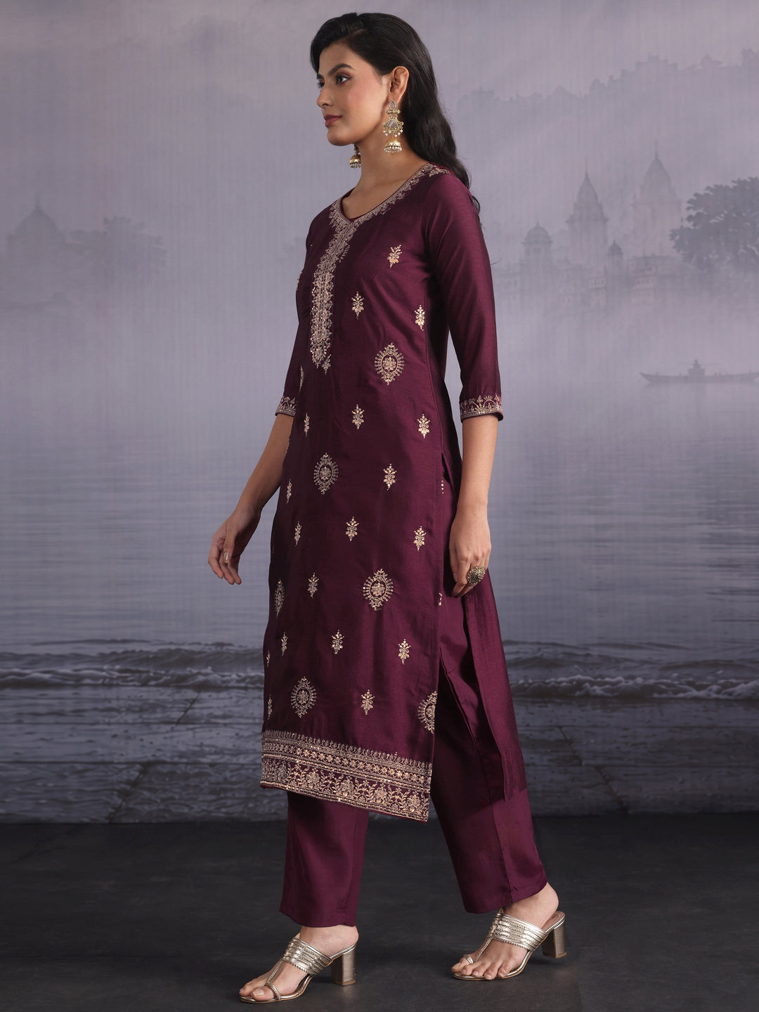  Libas Burgundy Ethnic Embroidered Silk Blend Straight Suit Set 