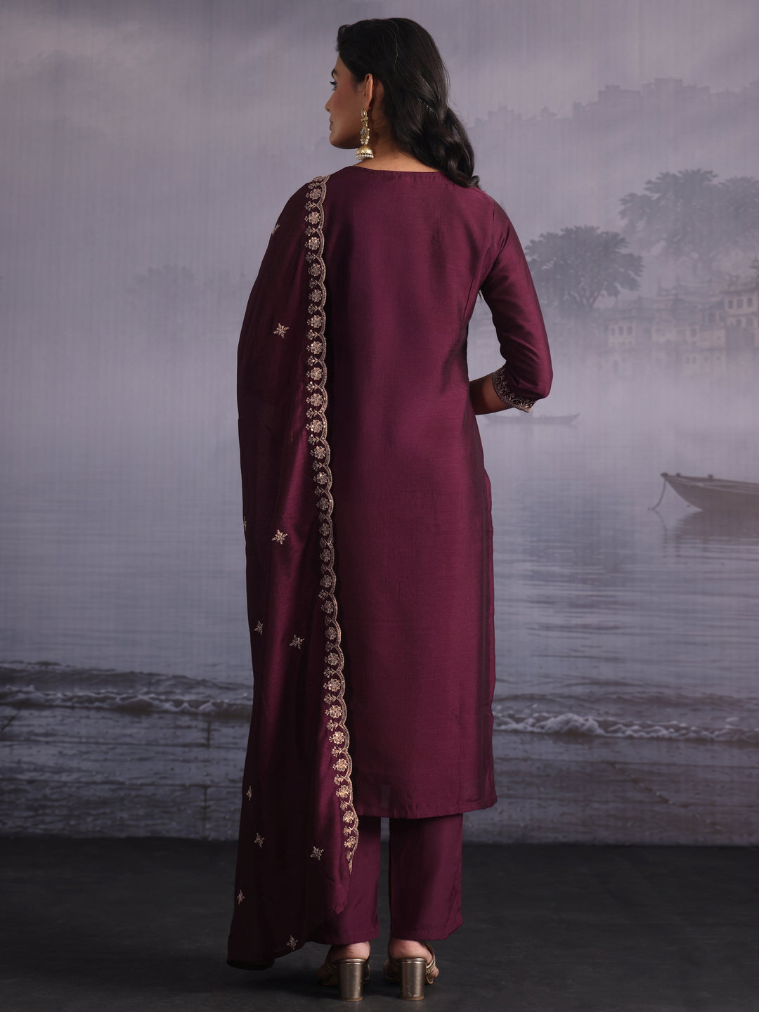  Libas Burgundy Ethnic Embroidered Silk Blend Straight Suit Set 