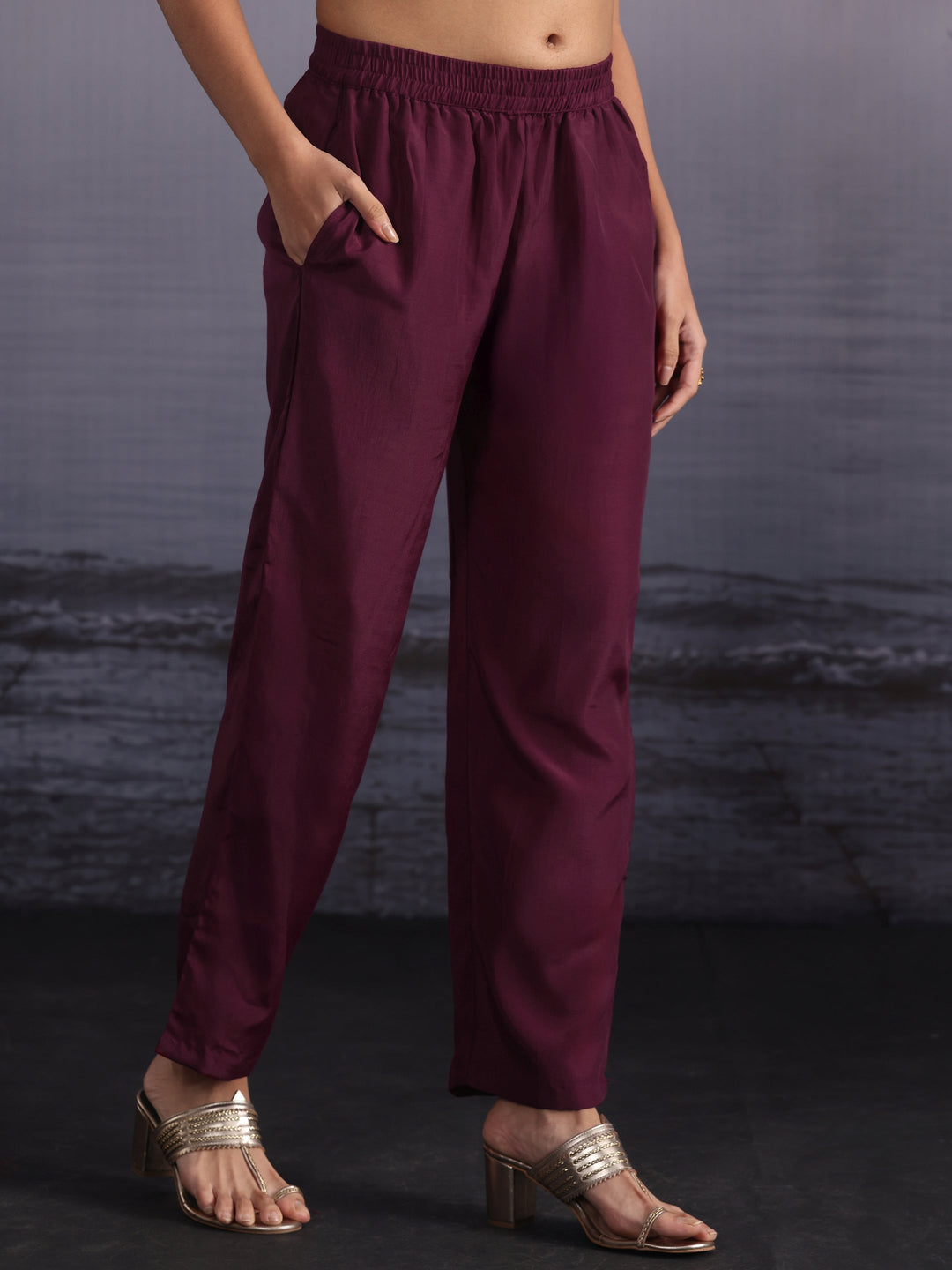  Libas Burgundy Ethnic Embroidered Silk Blend Straight Suit Set 