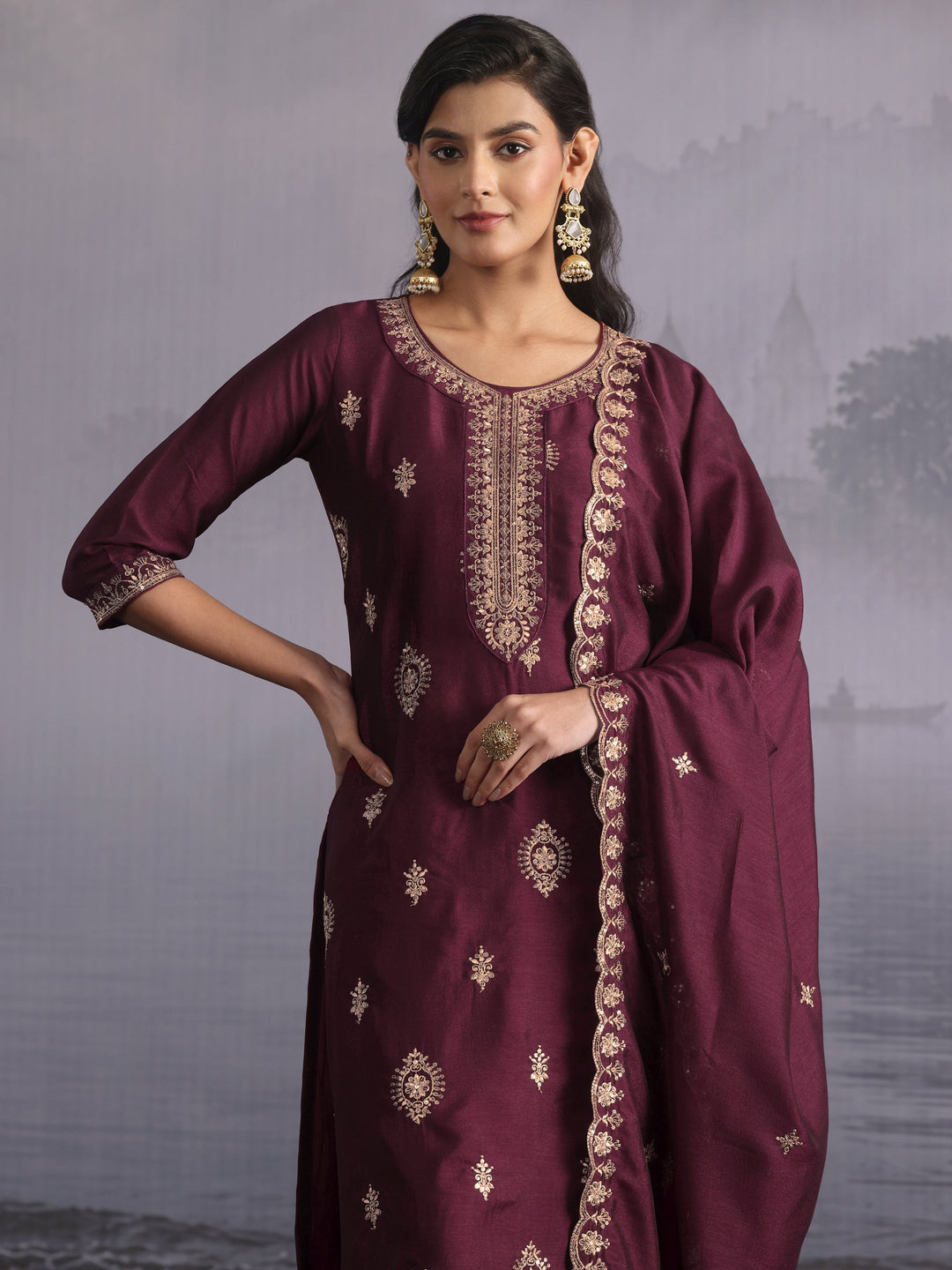  Libas Burgundy Ethnic Embroidered Silk Blend Straight Suit Set 