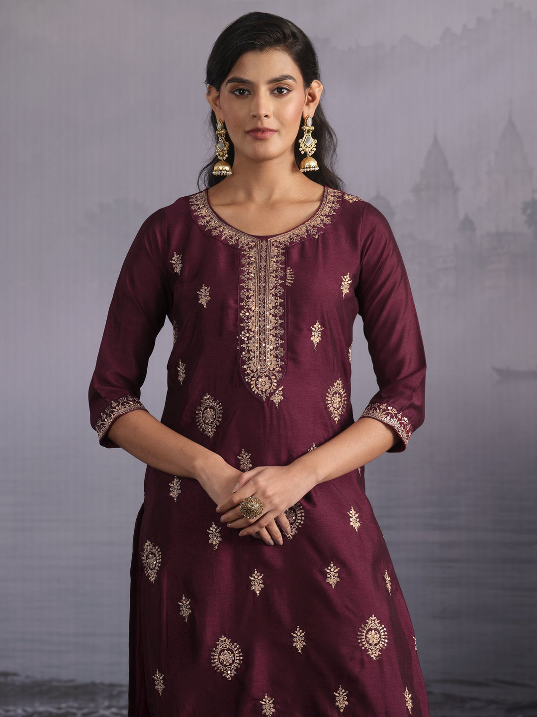  Libas Burgundy Ethnic Embroidered Silk Blend Straight Suit Set 