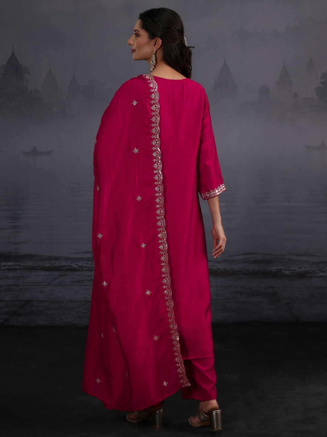 Libas Magenta Pink Embroidered Silk Blend Straight Suit Set 