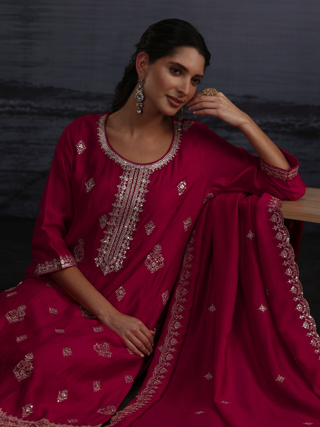  Libas Magenta Pink Embroidered Silk Blend Straight Suit Set 