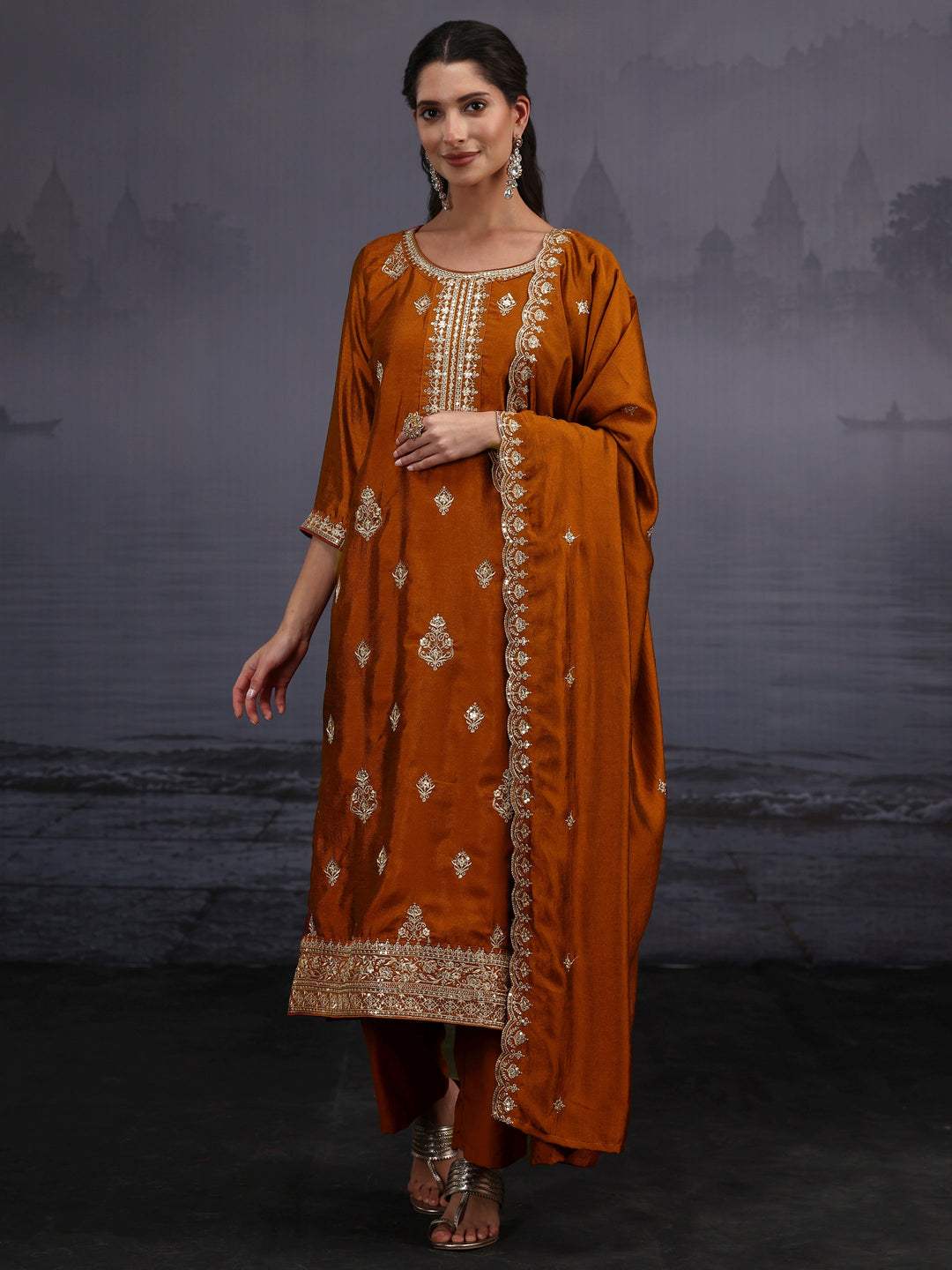  Libas Rust Brown Embroidered Silk Blend Straight Suit Set 
