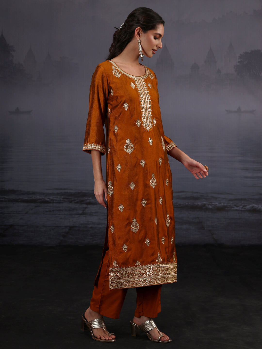  Libas Rust Brown Embroidered Silk Blend Straight Suit Set 