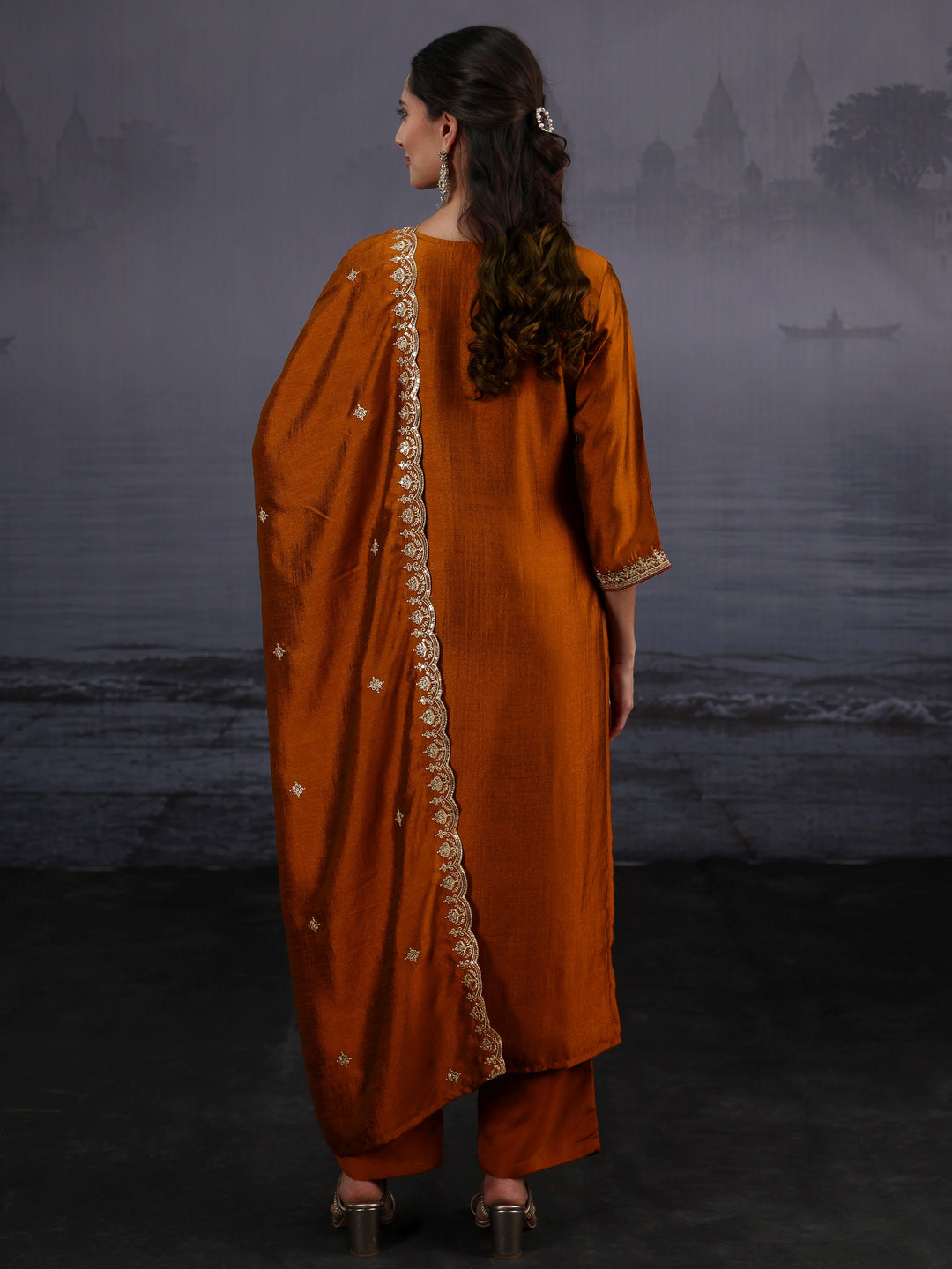  Libas Rust Brown Embroidered Silk Blend Straight Suit Set 