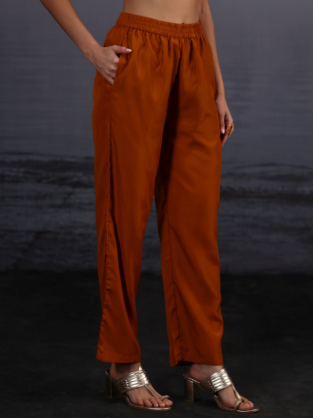  Libas Rust Brown Embroidered Silk Blend Straight Suit Set 