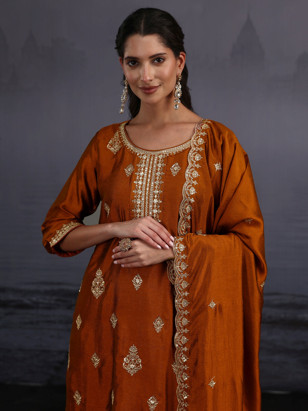  Libas Rust Brown Embroidered Silk Blend Straight Suit Set 