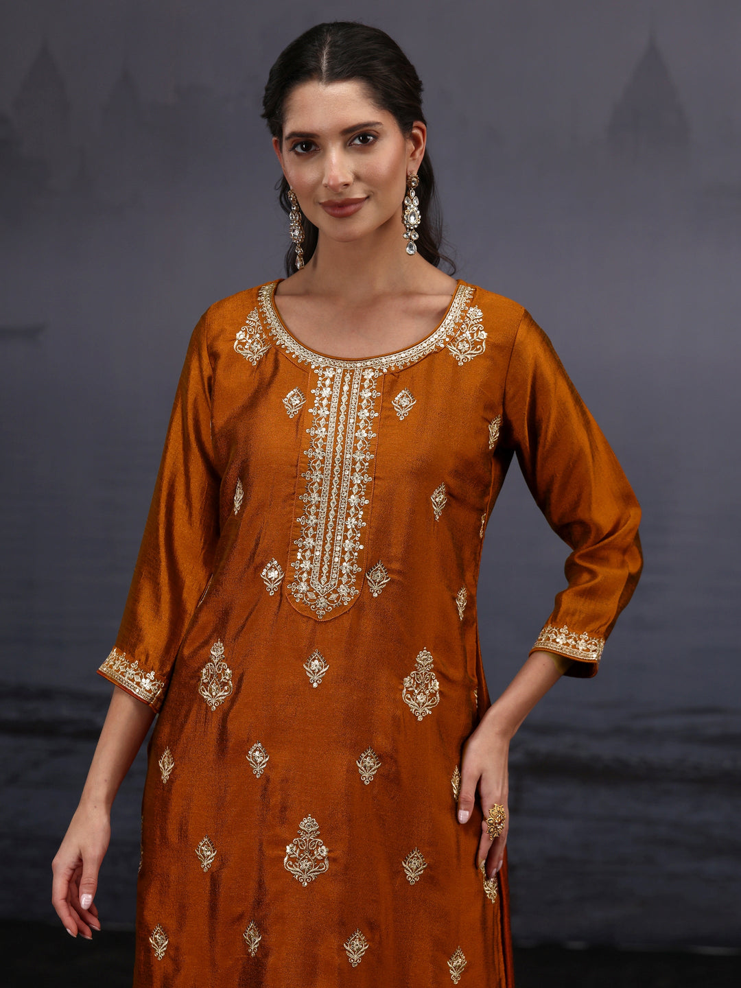  Libas Rust Brown Embroidered Silk Blend Straight Suit Set 