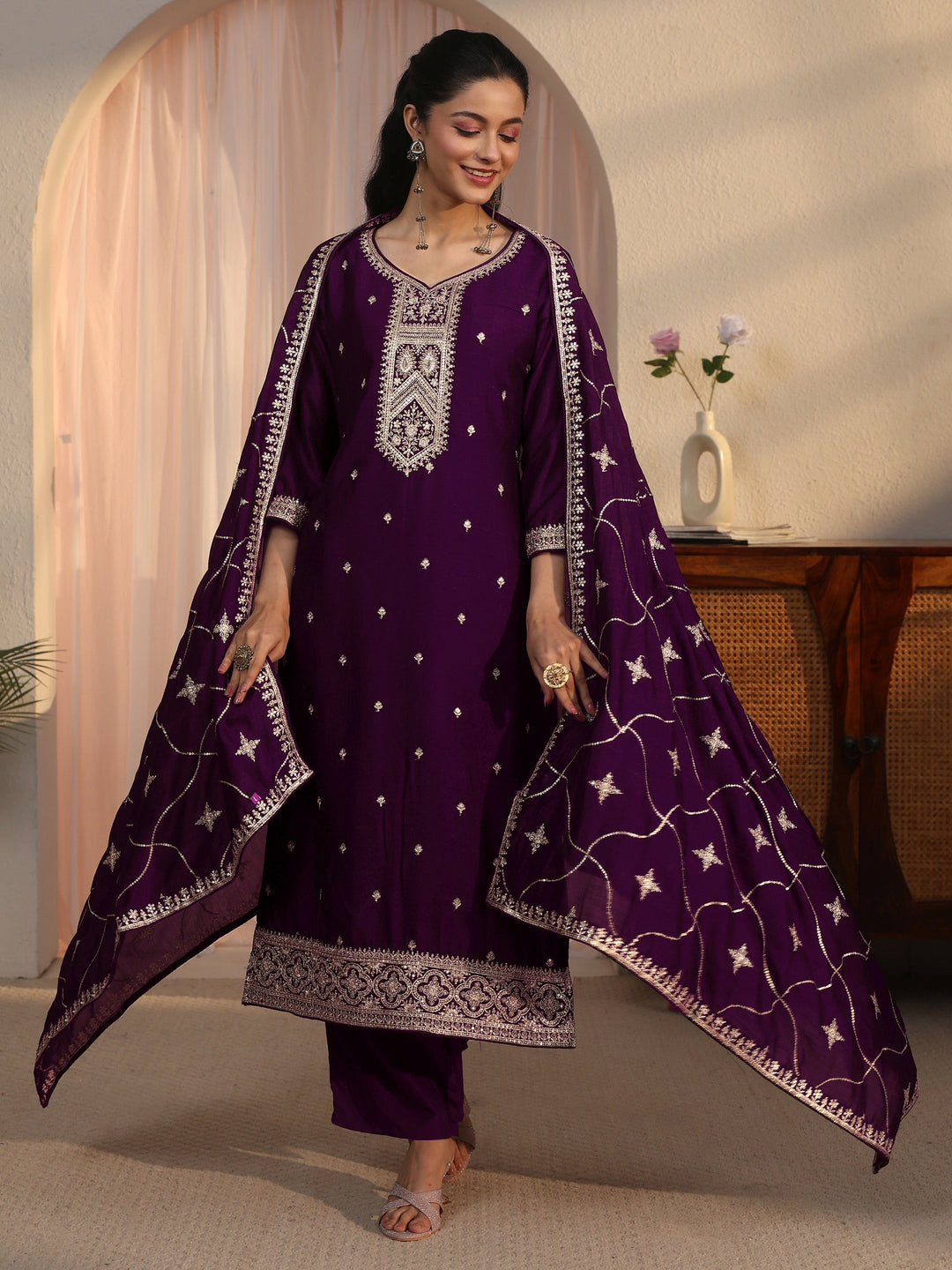  Libas Burgundy Ethnic Embroidered Silk Blend Straight Suit Set 