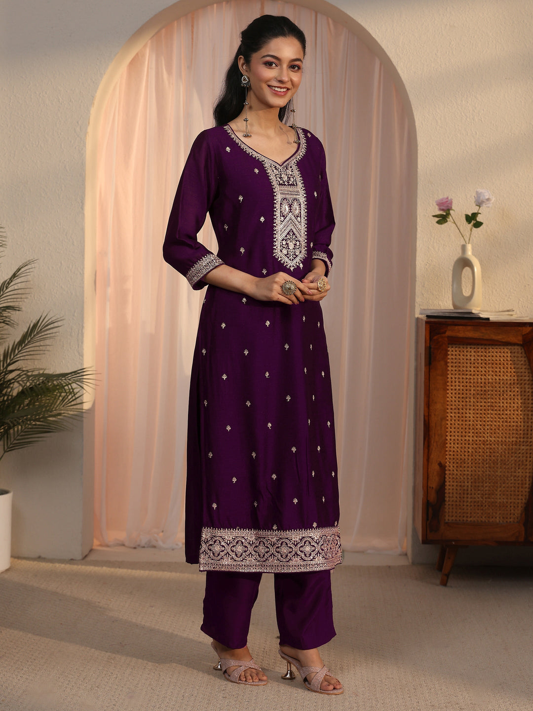  Libas Burgundy Ethnic Embroidered Silk Blend Straight Suit Set 