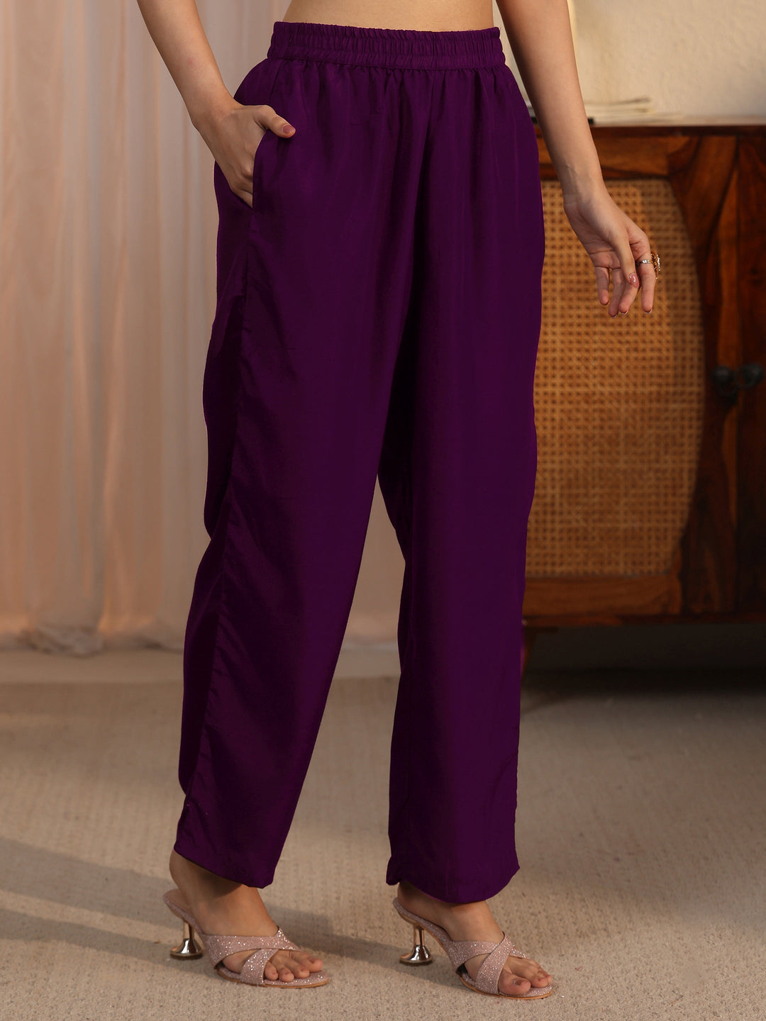  Libas Burgundy Ethnic Embroidered Silk Blend Straight Suit Set 