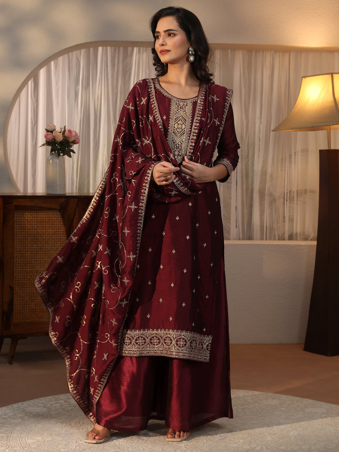  Libas Maroon Yoke Design Embroidered Silk Blend Straight Suit Set 