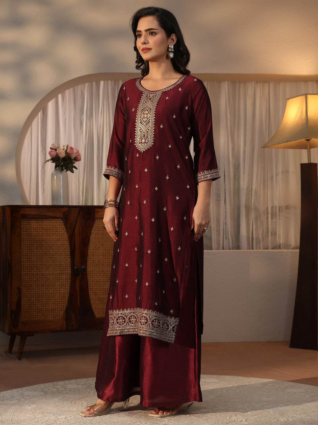  Libas Maroon Yoke Design Embroidered Silk Blend Straight Suit Set 