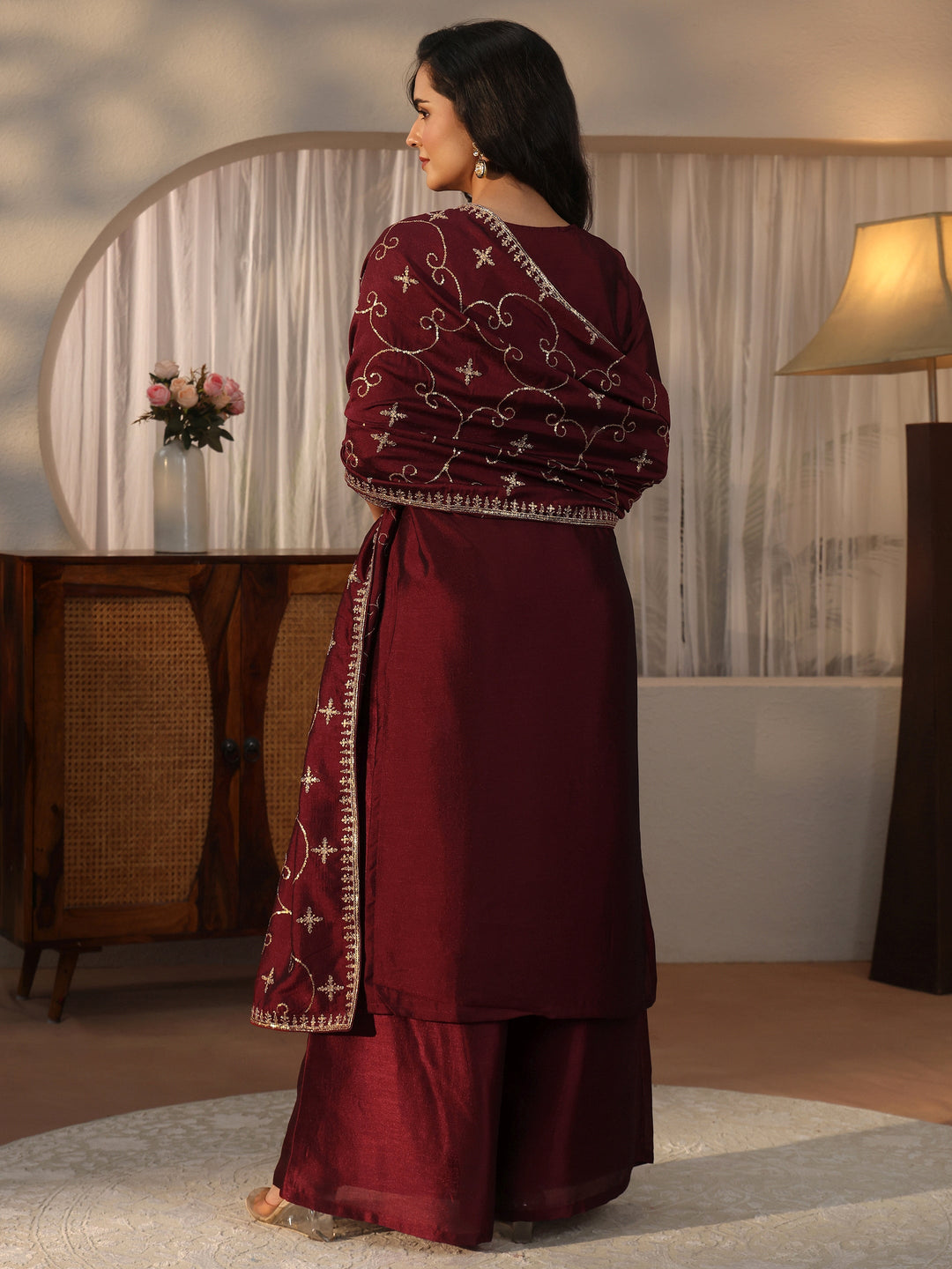  Libas Maroon Yoke Design Embroidered Silk Blend Straight Suit Set 