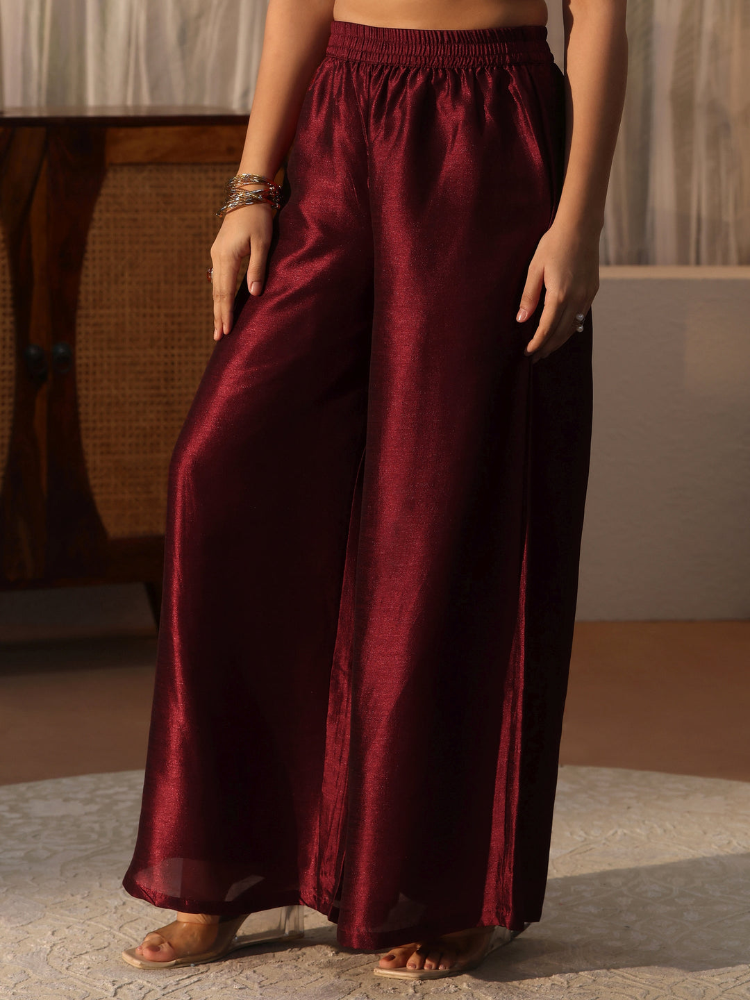  Libas Maroon Yoke Design Embroidered Silk Blend Straight Suit Set 