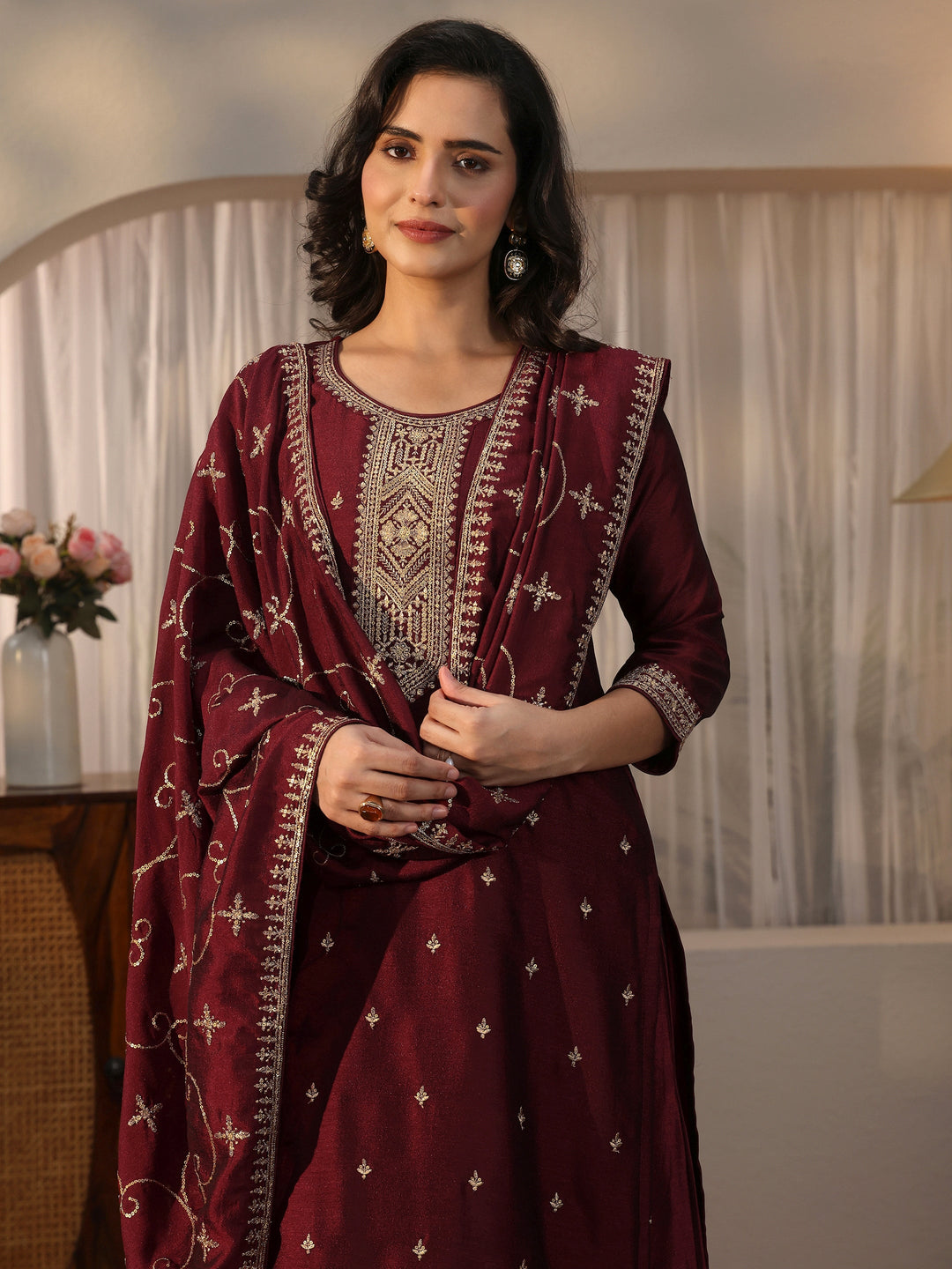  Libas Maroon Yoke Design Embroidered Silk Blend Straight Suit Set 