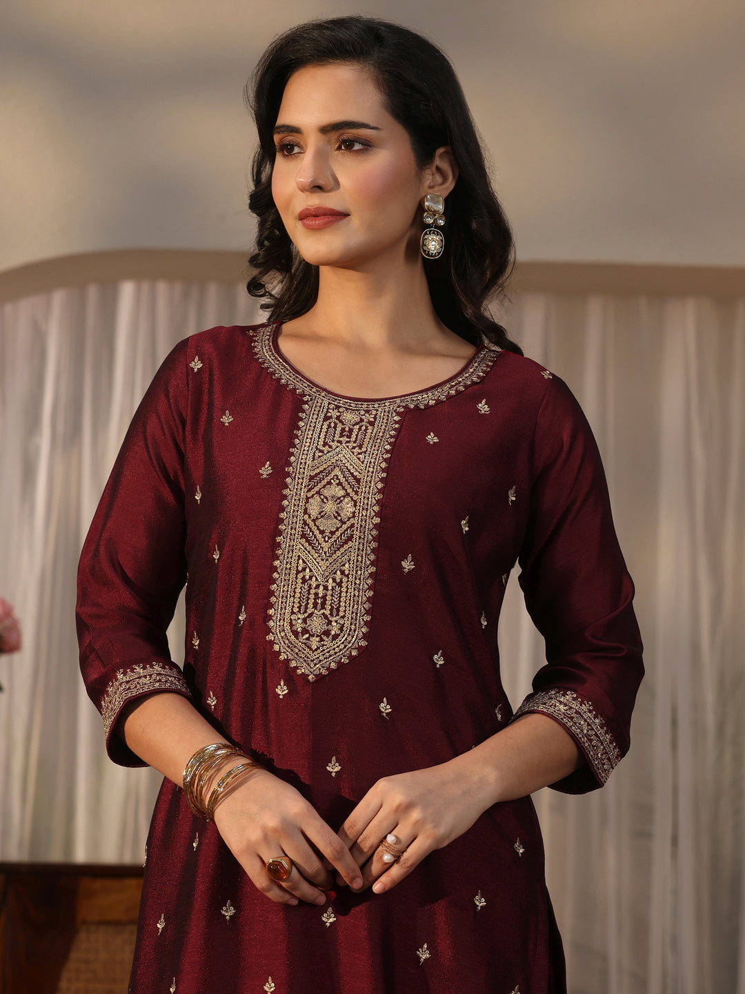  Libas Maroon Yoke Design Embroidered Silk Blend Straight Suit Set 