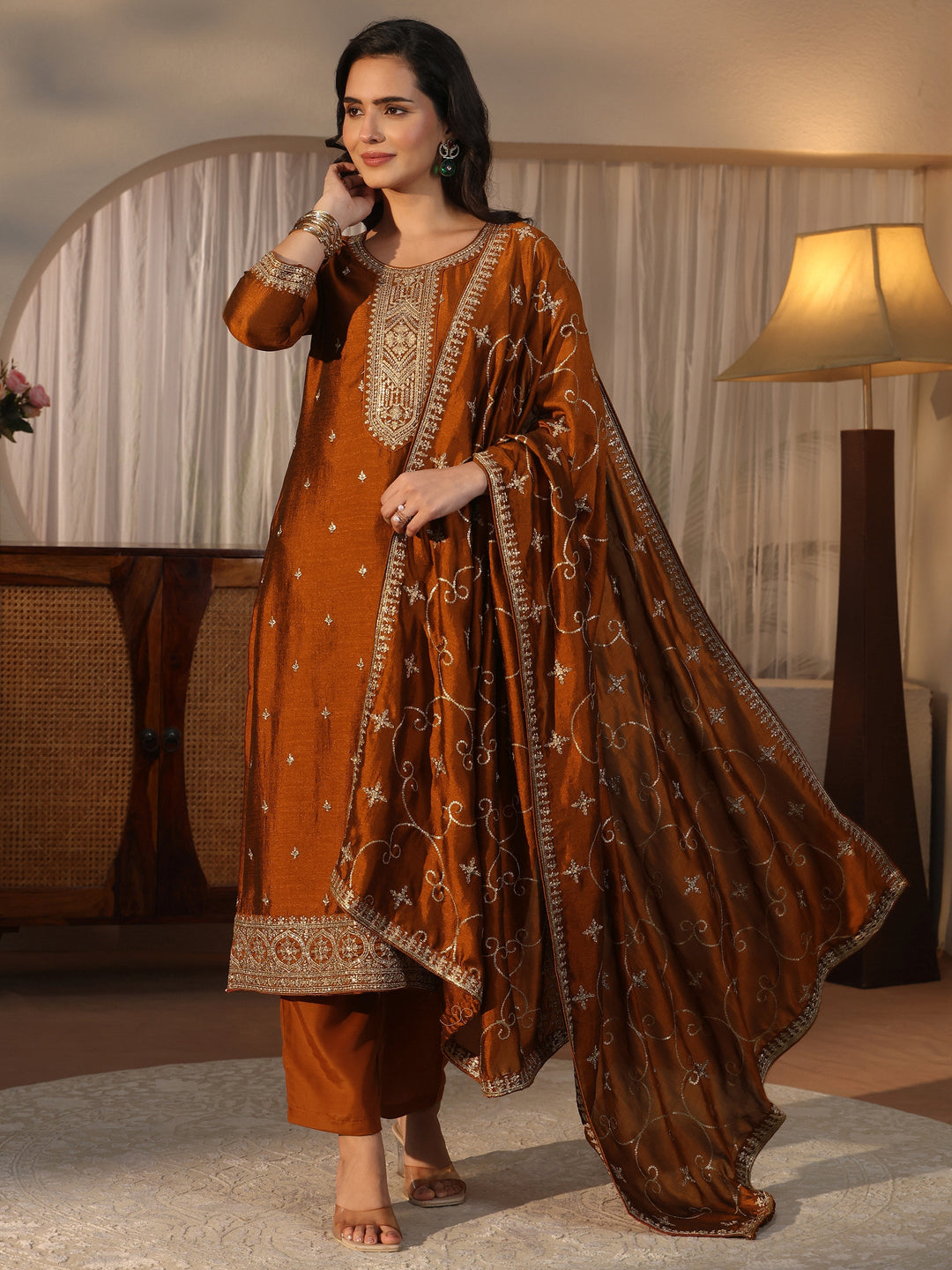  Libas Rust Yoke Design Embroidered Silk Blend Straight Suit Set 