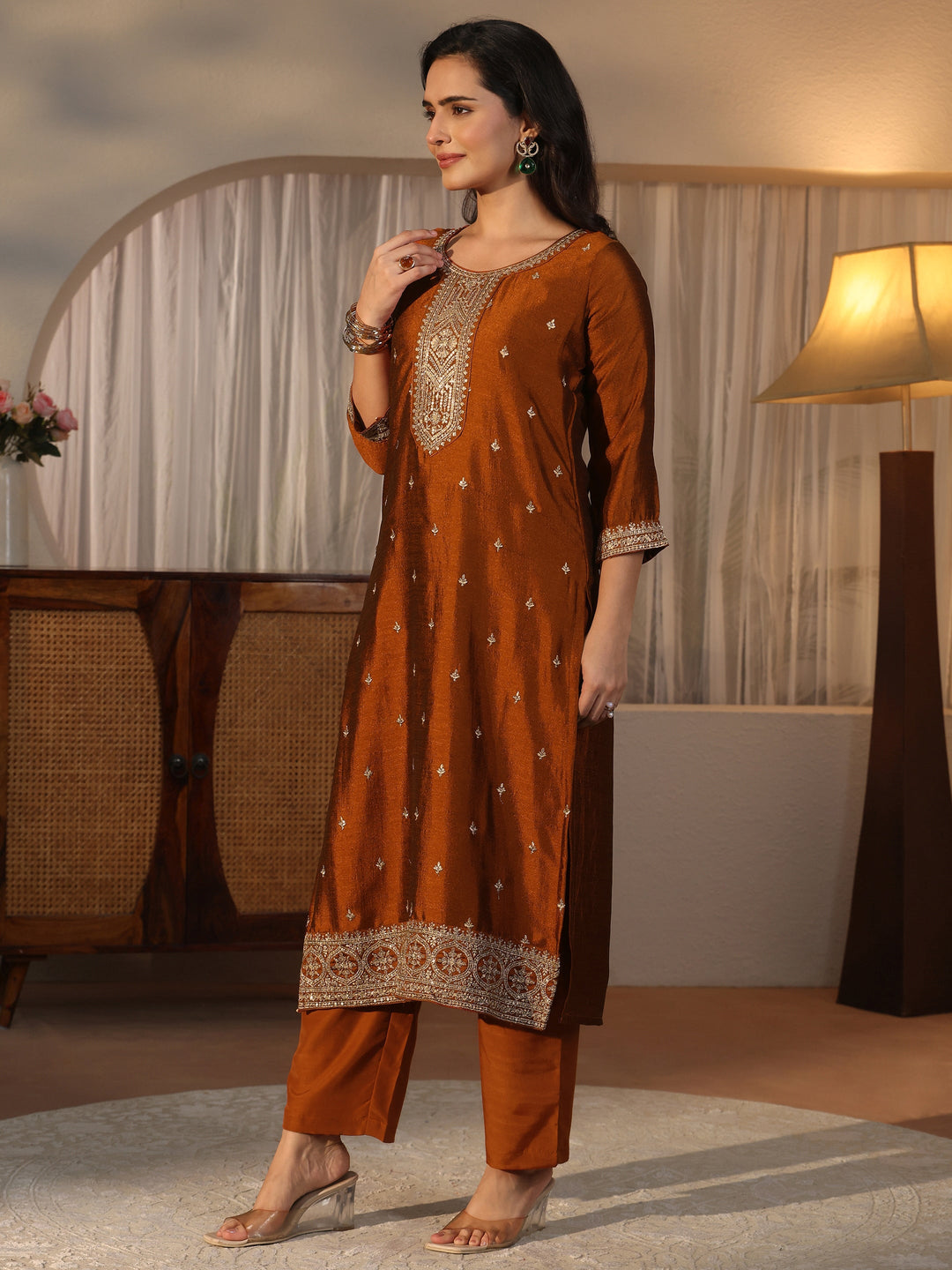  Libas Rust Yoke Design Embroidered Silk Blend Straight Suit Set 