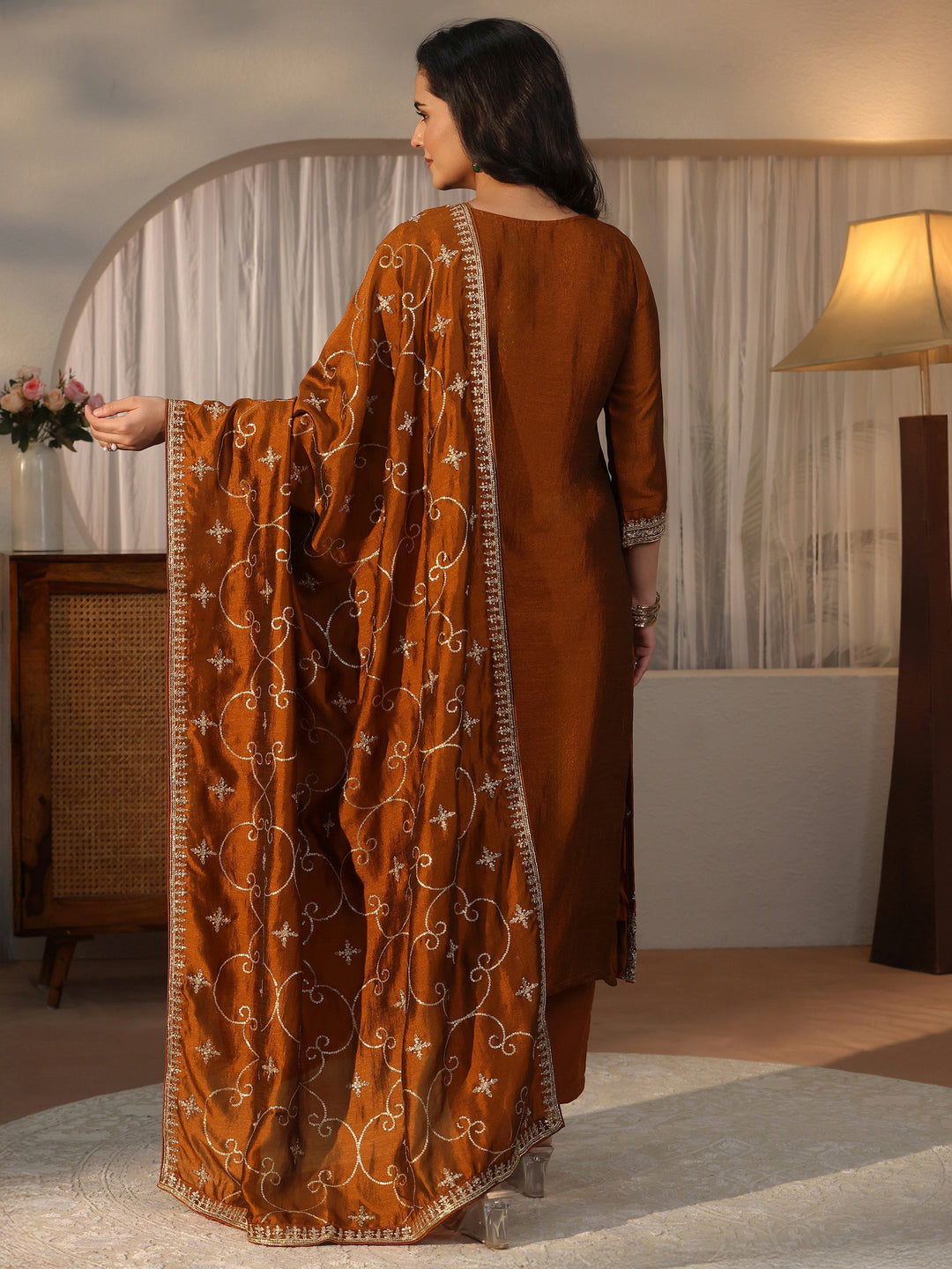  Libas Rust Yoke Design Embroidered Silk Blend Straight Suit Set 
