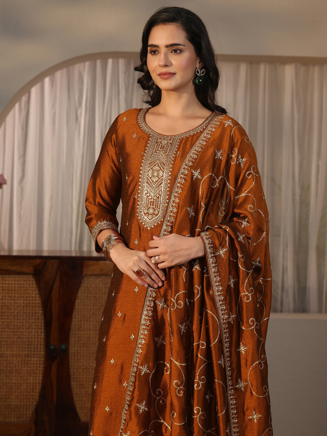  Libas Rust Yoke Design Embroidered Silk Blend Straight Suit Set 