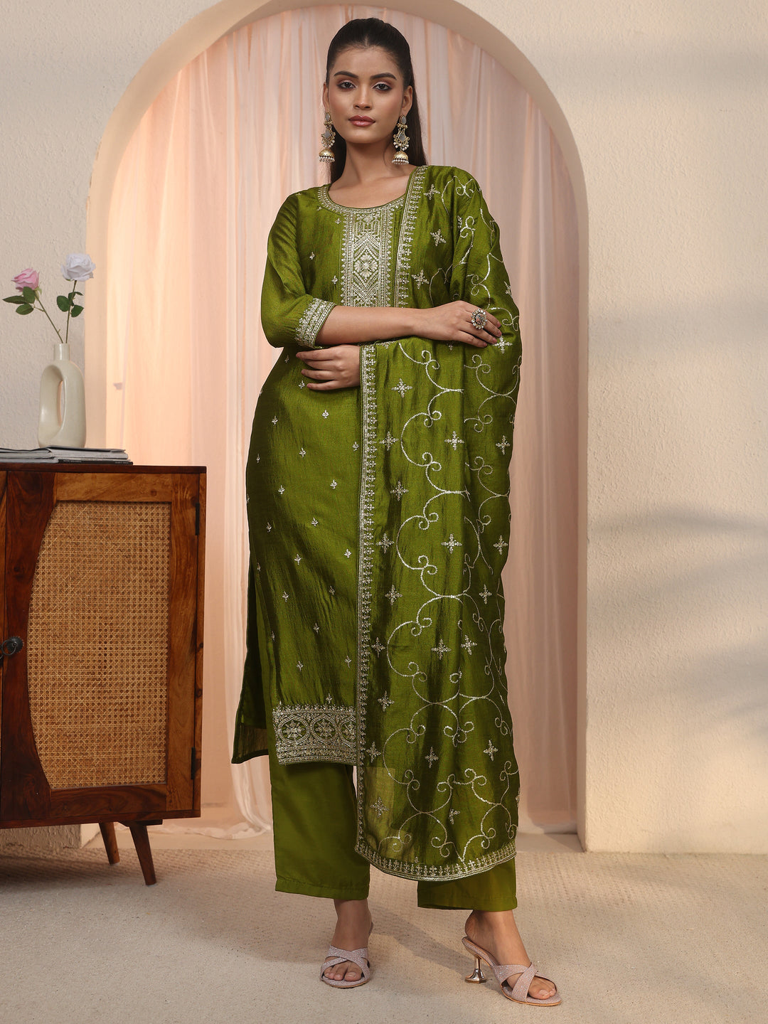  Libas Henna Green Ethnic Embroidered Silk Blend Straight Suit Set 