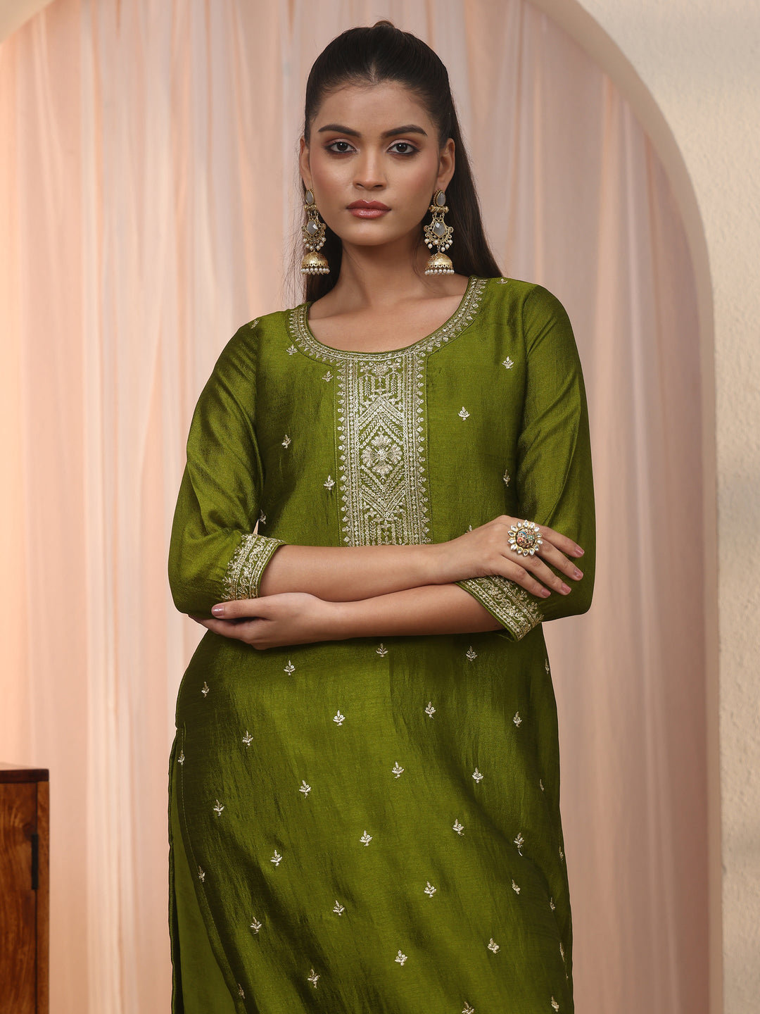  Libas Henna Green Ethnic Embroidered Silk Blend Straight Suit Set 