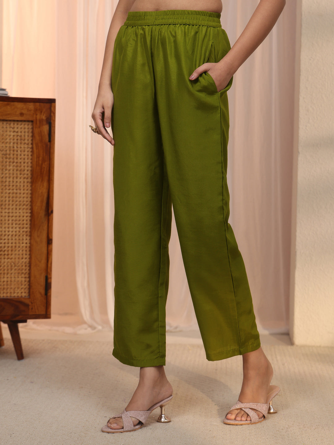  Libas Henna Green Ethnic Embroidered Silk Blend Straight Suit Set 