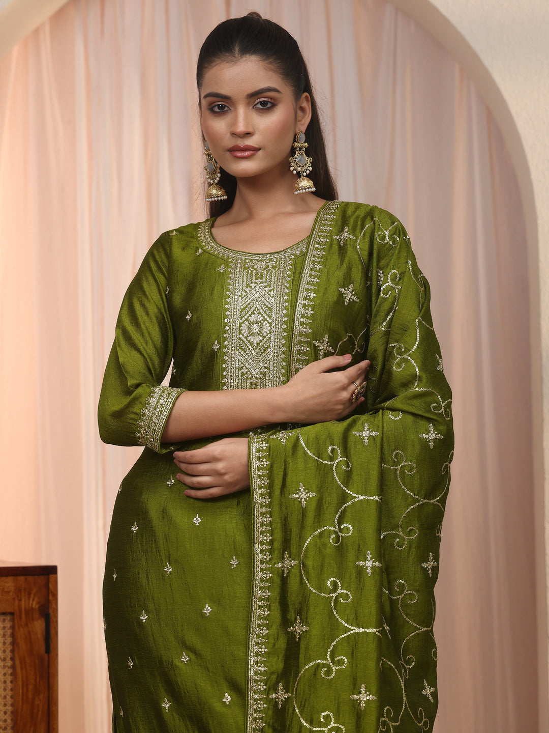  Libas Henna Green Ethnic Embroidered Silk Blend Straight Suit Set 